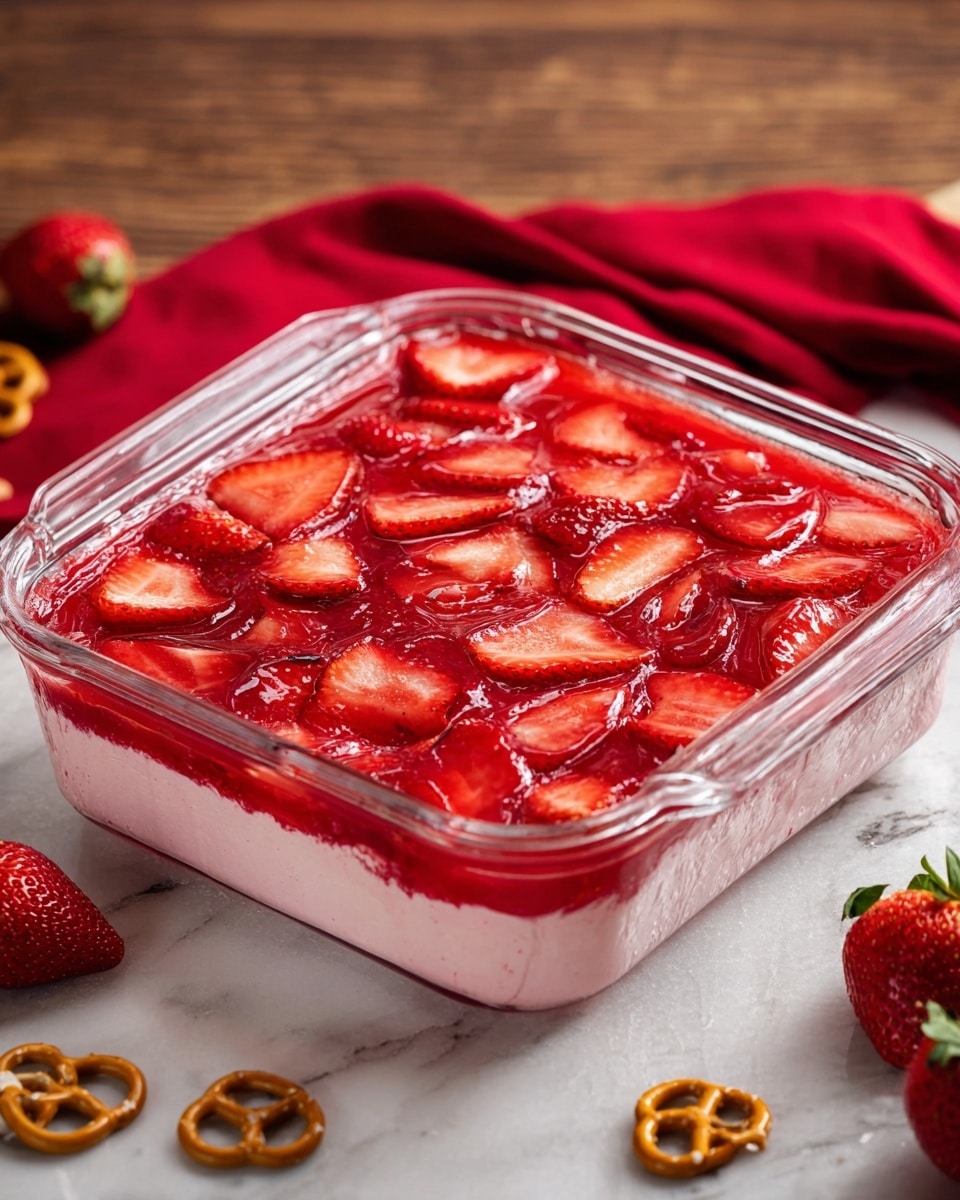 A clear glass square dish is filled with a dessert that has visible layers. The top layer is covered with a thick, shiny red glaze mixed with many sliced strawberries cut in half, showing their red interiors and seeds. Below the strawberry layer, there is a light pink or white creamy layer partially visible through the sides. The dish sits on a white marbled surface with a red cloth draped nearby and some whole strawberries and small pretzels scattered softly in the background. photo taken with an iphone --ar 4:5 --v 7