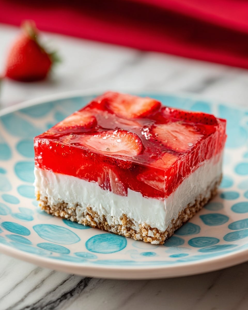 A square shaped dessert with three visible layers is placed on a white plate with light blue circular patterns; the bottom layer is a crumbly light brown crust, the middle layer is thick and white with a soft texture, and the top layer is a shiny red gelatin with thinly sliced strawberries embedded inside, showing bright red and slightly translucent details; the plate is set on a white marbled surface with a blurred red cloth background. photo taken with an iphone --ar 4:5 --v 7