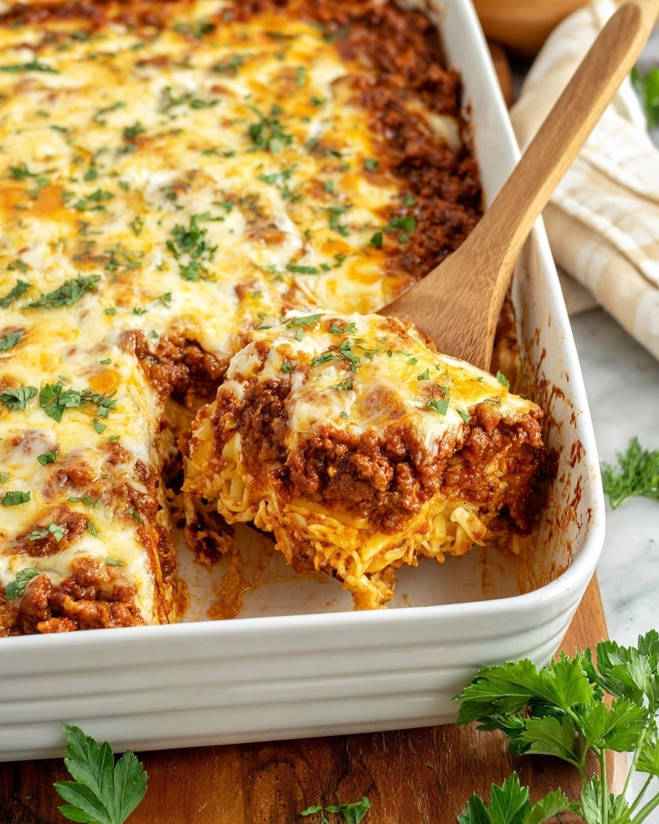 The dish is a layered pasta with meat sauce served on a white plate. The bottom layer is light yellow pasta with a smooth, curly texture. On top of that, there is a rich brown ground meat layer mixed with red-orange tomato sauce, creating a slightly chunky texture. There is a light layer of melted cheese that blends with the pasta and meat, giving some creamy white spots. Small green herb bits are scattered on top, adding a touch of color. The plate is placed on a white marbled surface, and a golden fork rests on the side of the plate. In the background, there are slices of bread on a white plate and another small portion of the pasta dish. photo taken with an iphone --ar 4:5 --v 7