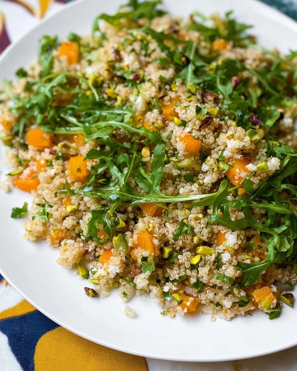 A close-up image of a white plate filled with a mixed salad. The base layer is light beige quinoa mixed with white rice, topped with scattered bright orange small diced pieces. Green leafy arugula is spread throughout, giving a fresh look. Small, light green chopped herbs and bits of pistachio nuts add texture and color contrast. The plate sits on a white marbled surface with a pattern of yellow and dark blue around. photo taken with an iphone --ar 4:5 --v 7