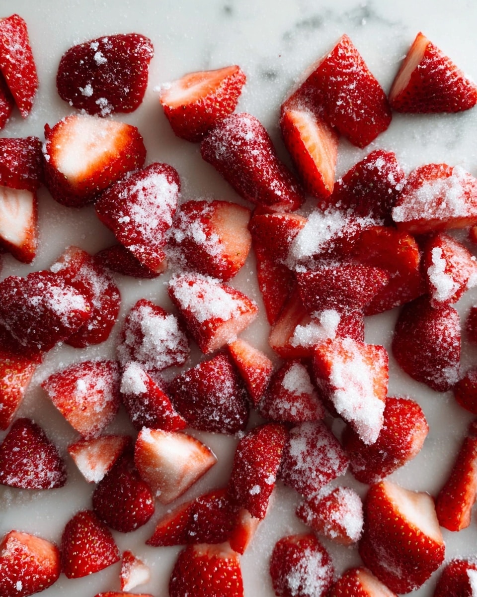 The image shows many strawberry pieces spread out on a white marbled surface. The strawberries are cut into halves and quarters, revealing their bright red color and juicy texture. Some of the strawberries have a light dusting of white sugar sprinkled unevenly over them, adding a frosty look. The pieces are scattered randomly, with the white sugar creating contrast on top of the rich red fruit. photo taken with an iphone --ar 4:5 --v 7
