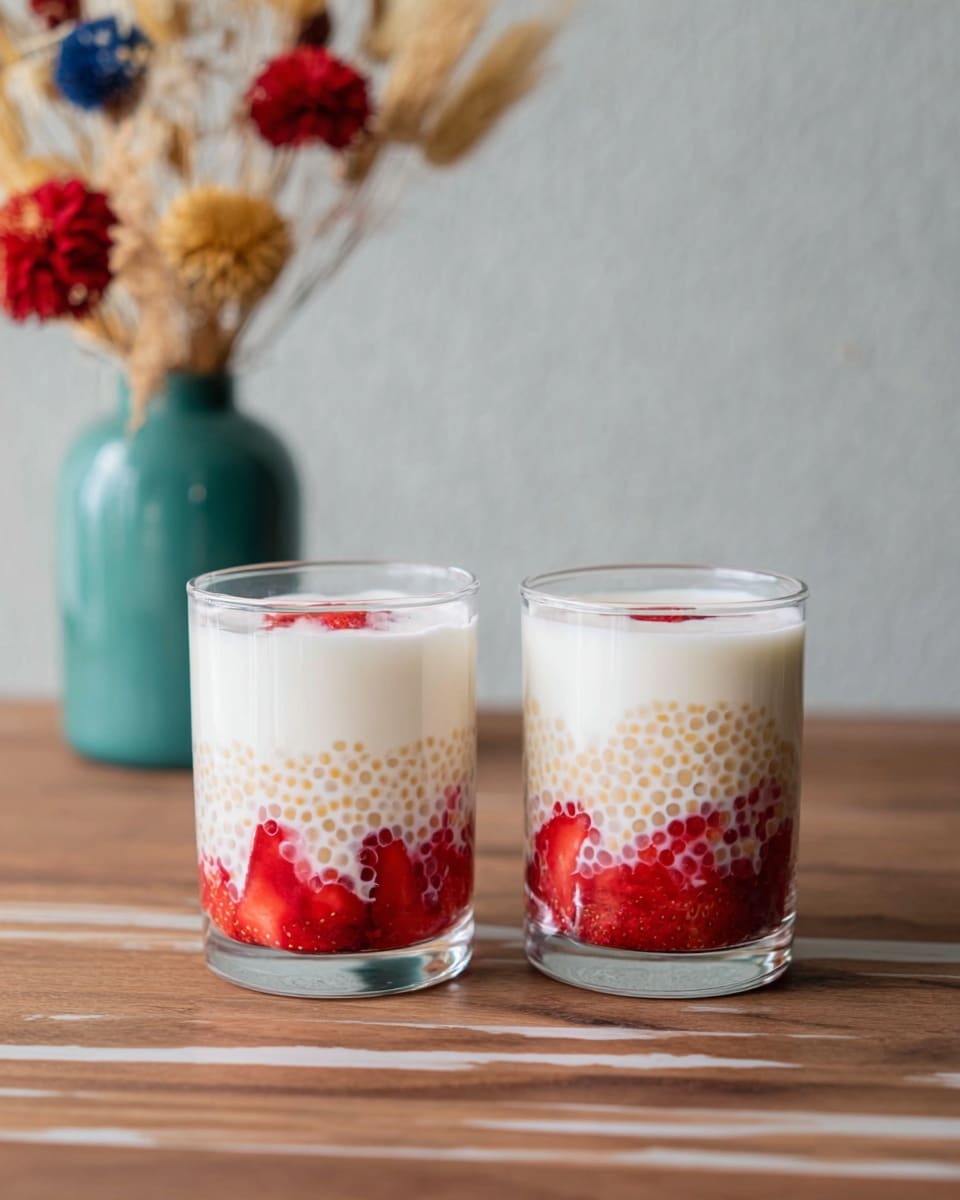 Two clear glasses sit side by side on a wooden surface with a white marbled texture. Each glass contains three layers: the bottom layer of bright red strawberry pieces, the middle layer of small, pale tapioca pearls, and the top layer of creamy white milk covering the pearls and strawberries. In the background, there is a teal vase with dried flowers featuring red, yellow, cream, and blue colors, slightly blurred. Photo taken with an iphone --ar 4:5 --v 7