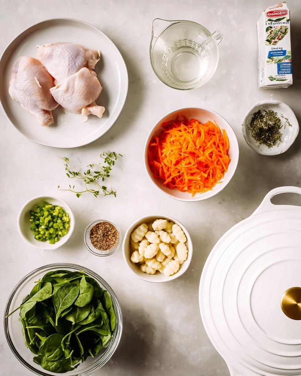 The image shows various fresh ingredients on a white marbled surface arranged in an overhead view. On the left, two pieces of raw chicken are placed on a white plate. Above them are a small white dish with green herb sprigs, a clear glass pitcher with white liquid, and a carton of chicken broth. To the right, a white bowl filled with thinly shredded orange carrots sits above a smaller white bowl with chopped green celery. Below the carrot bowl is a white bowl full of gnocchi pasta. At the bottom right edge, a clear plastic container holds green spinach leaves. A white round dish with mixed ground spices is located near the chicken. In the top right corner, a white cast iron pot with a golden knob lid is partially visible. Photo taken with an iphone --ar 4:5 --v 7