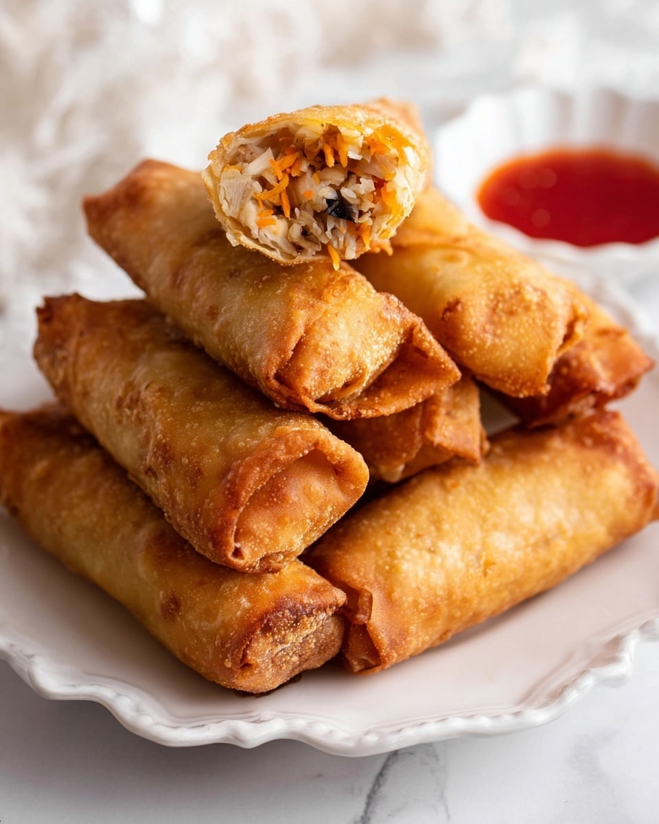 A stack of six golden brown crispy egg rolls is placed on a white plate with scalloped edges, set on a white marbled surface. The top egg roll is cut diagonally to show layers inside, including finely chopped white filling mixed with thin orange strips and small black chunks. Behind the egg rolls, there is a small white scalloped dish containing red dipping sauce. The lighting highlights the crunchy texture of the egg rolls and the mixed colors inside. Photo taken with an iphone --ar 4:5 --v 7