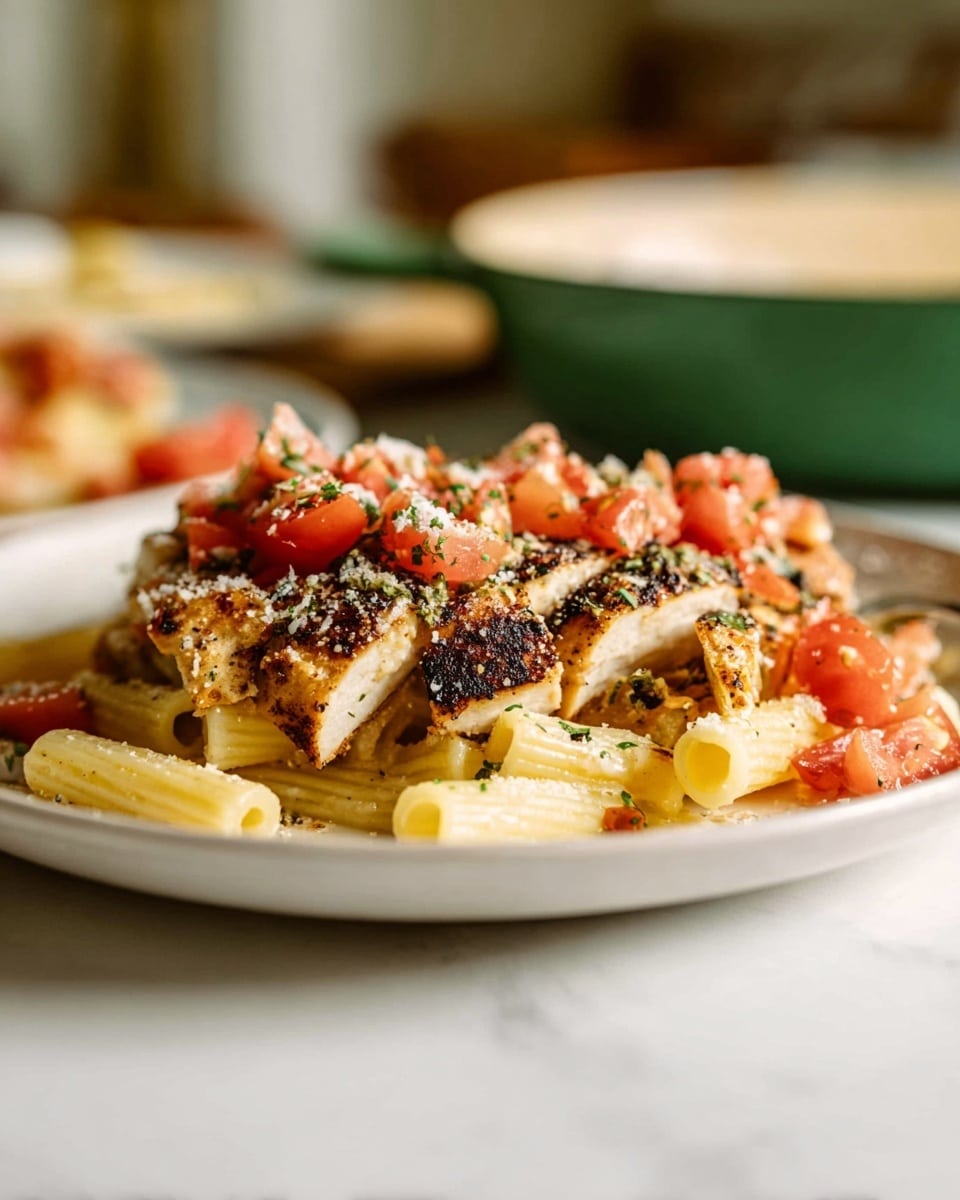 A white pan holds a pasta dish with three main layers: the bottom layer is pale yellow penne pasta, the middle layer consists of chopped red tomatoes scattered throughout, and the top layer features several slices of well-cooked light brown chicken with seared edges, sprinkled with small green parsley pieces and grated white cheese. The pan is on a white marbled surface, with a small white bowl filled with shredded white cheese near the top right and a white plate with fresh green parsley leaves to the right. photo taken with an iphone --ar 4:5 --v 7
