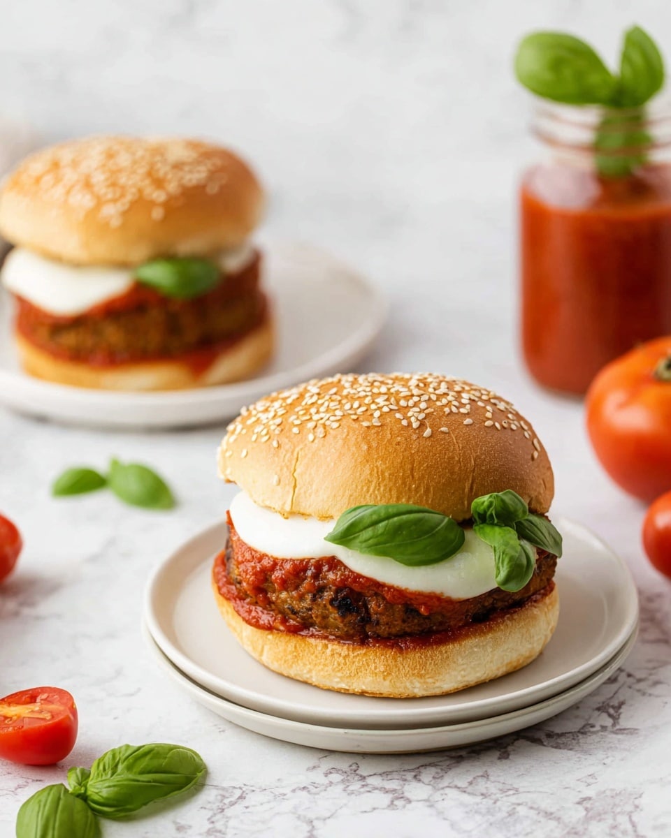 Two burgers sit on white plates on a white marbled surface. Each burger has a sesame seed bun, with the top bun golden brown and covered in sesame seeds. The bottom bun is light toasted. On the bottom bun, there is a thick, browned patty with a layer of red sauce, a slice of white cheese, and two fresh bright green basil leaves on top. Around the plates, there are small fresh red tomatoes and green basil leaves. In the background, there is a glass jar filled with red sauce, also topped with a basil leaf. The photo is taken with an iphone --ar 4:5 --v 7