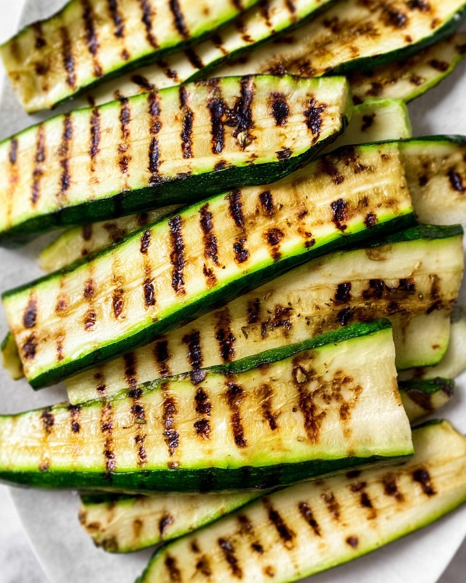 A close-up view of grilled zucchini slices arranged in a slightly overlapping pile on a white plate. The zucchini slices are long and thin, each showing dark brown grill marks evenly spaced across their pale green flesh and vibrant green edges. The texture looks soft and slightly shiny, with some seeds visible inside the slices. The background shows a white marbled surface. photo taken with an iphone --ar 4:5 --v 7