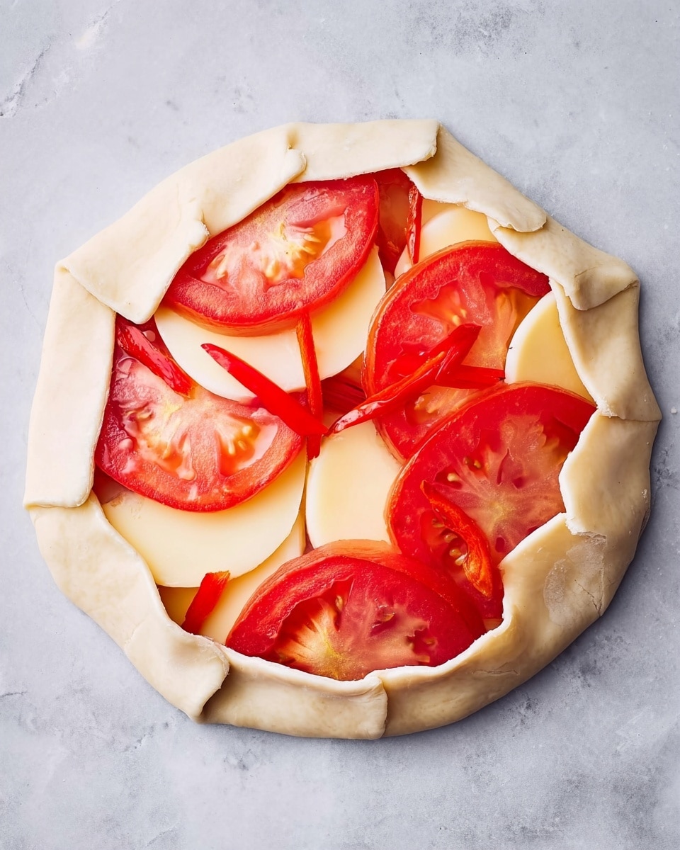 The image shows an uncooked galette on a light gray surface changed to white marbled texture. It has one visible layer of flat, round dough with its edges loosely folded inward around the filling to form a border. Inside, there are alternating slices of red tomato and pale yellow cheese arranged in a circular pattern, overlapping each other. The tomato slices have some visible seeds and texture, while the cheese slices are smooth. The center of the galette has a few red pepper strips placed upright, adding height and contrast. Photo taken with an iphone --ar 4:5 --v 7