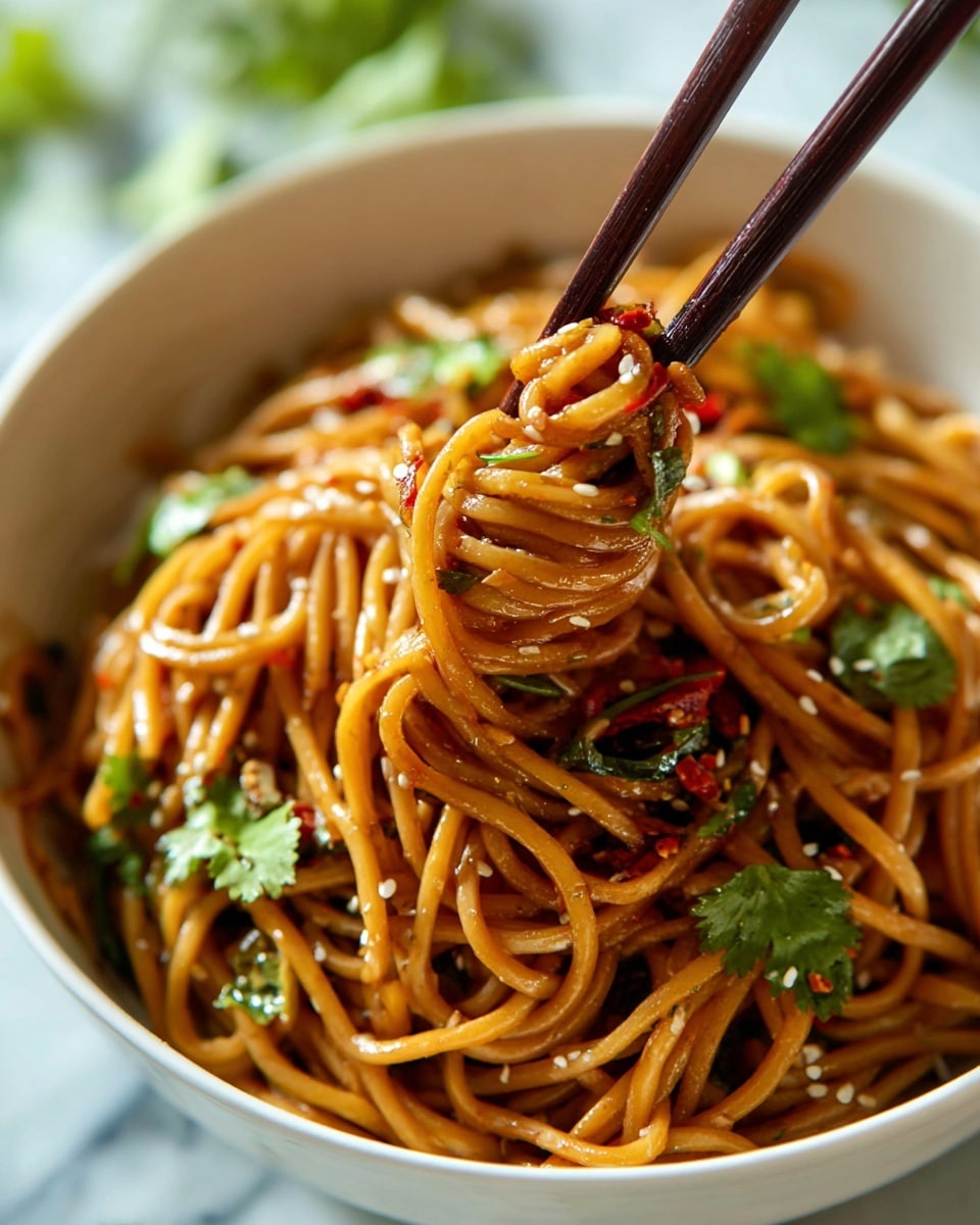 A close-up view of a bowl filled with glossy, golden-brown noodles mixed with small bits of red chili, green herbs, and light-colored sesame seeds. Dark wooden chopsticks are holding a small twisted bundle of noodles in the center, with a few leaves of fresh green cilantro tangled among the strands. The bowl is white and sits on a white marbled surface, while the background is softly blurred with hints of green. The noodles look slightly oily with a smooth texture, mixed with light bits of vegetables and garnishes. photo taken with an iphone --ar 4:5 --v 7
