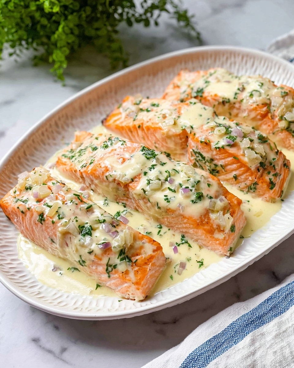 Four pieces of cooked salmon fillets are placed side by side on a white textured oval plate. Each salmon fillet has a soft orange color with a creamy white sauce poured over the top. The sauce has small bits of chopped onions and green herbs sprinkled evenly, adding green and pale purple specks on the salmon. The white marbled surface beneath the plate adds brightness to the setting. In the background, a green plant and a white and blue striped cloth are softly blurred. Photo taken with an iphone --ar 4:5 --v 7