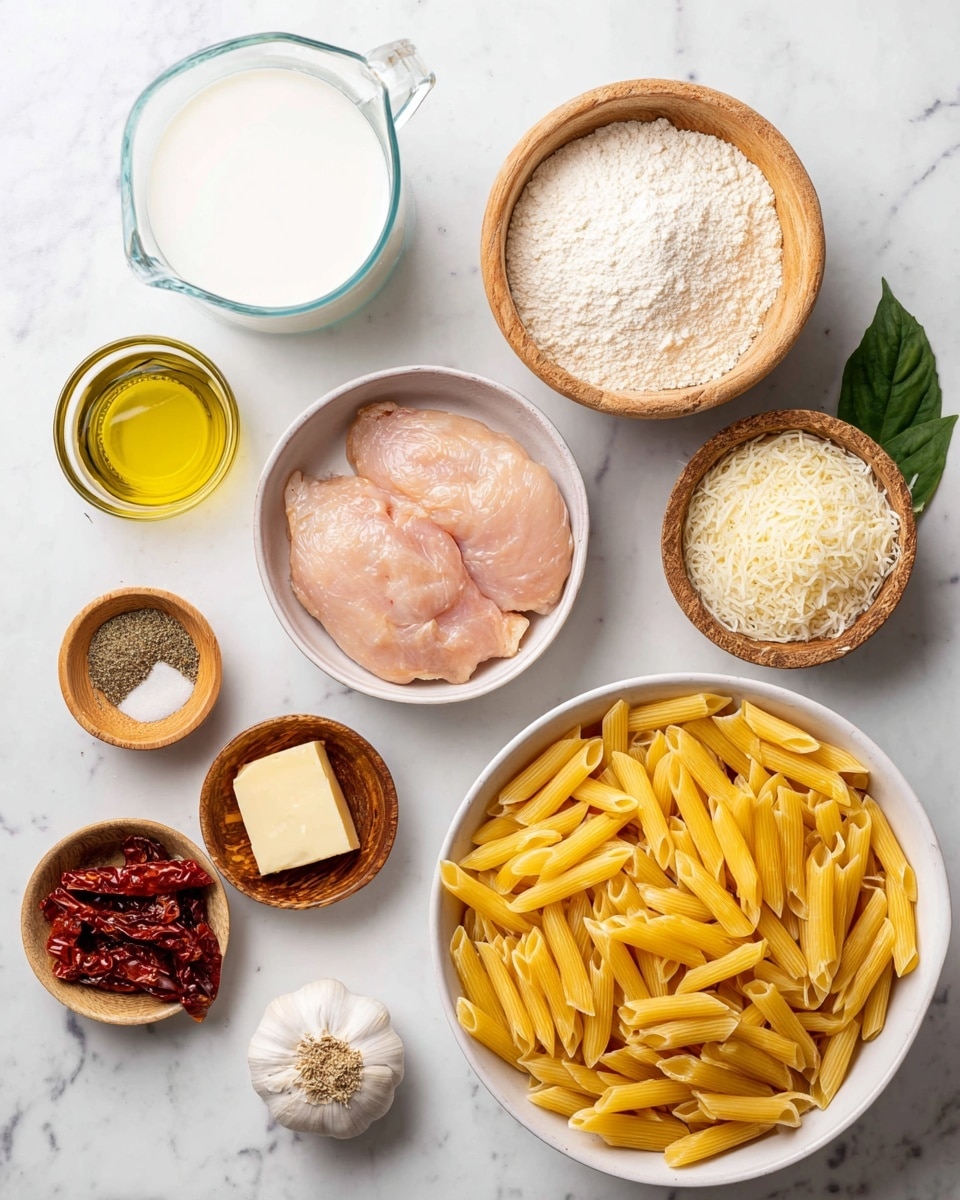A top-down view of several cooking ingredients placed on a white marbled surface: one large white bowl filled with uncooked yellow penne pasta on the right, one smaller white bowl on the left with two raw, seasoned pieces of chicken, a wooden bowl above with white flour, another wooden bowl below filled with grated white cheese, a glass measuring cup with white milk on the top left, and several small wooden bowls with spices, butter, olive oil, and sun-dried tomatoes arranged around them, with a whole garlic bulb near the center bottom photo taken with an iphone --ar 4:5 --v 7