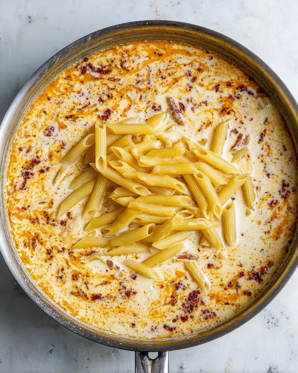 A metal pan filled with two main layers: the bottom layer is creamy white sauce with specks of red and darker spices mixed throughout, creating a marbled orange and brown pattern; sitting on top in the center is a pile of uncooked yellow penne pasta with a smooth texture, arranged loosely. The pan has a slightly worn metallic rim and handle visible, placed on a white marbled surface. Photo taken with an iphone --ar 4:5 --v 7