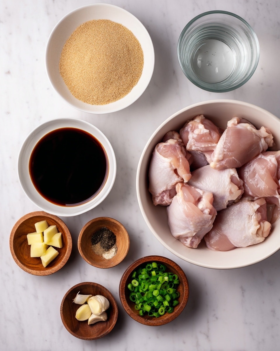 The image shows raw chicken thighs placed in a white bowl on the right side, pinkish with some white fat spots. To the left, there is a white bowl filled with light brown sugar and below that, a smaller white bowl filled with a dark liquid that looks like soy sauce. Above the sugar is a clear glass container with water. Below the soy sauce bowl are small wooden bowls: one with black pepper, one with ginger cubes, one with whole garlic cloves, and one with sliced green onions. All items are arranged on a white marbled surface in a neat layout. Photo taken with an iphone --ar 4:5 --v 7