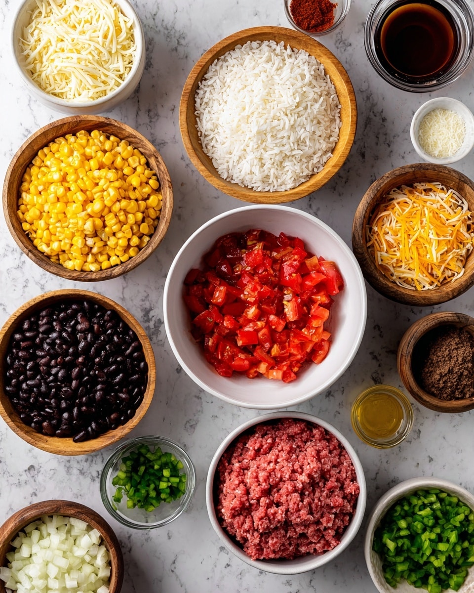 A top view of many white and wooden bowls filled with ingredients on a white marbled surface. In the center, a white bowl holds bright red chopped tomatoes with a charred look. Around it are a wooden bowl of white rice, a white bowl of yellow corn, and a white bowl of black beans. There is a white bowl with shredded yellow and white cheese, and another white bowl with chopped white onions. Small wooden bowls hold chopped garlic and diced green peppers. A white bowl contains raw ground meat with a pinkish-red color. There are also containers with liquid ingredients in dark and light brown colors. The arrangement is neat and colorful. Photo taken with an iphone --ar 4:5 --v 7