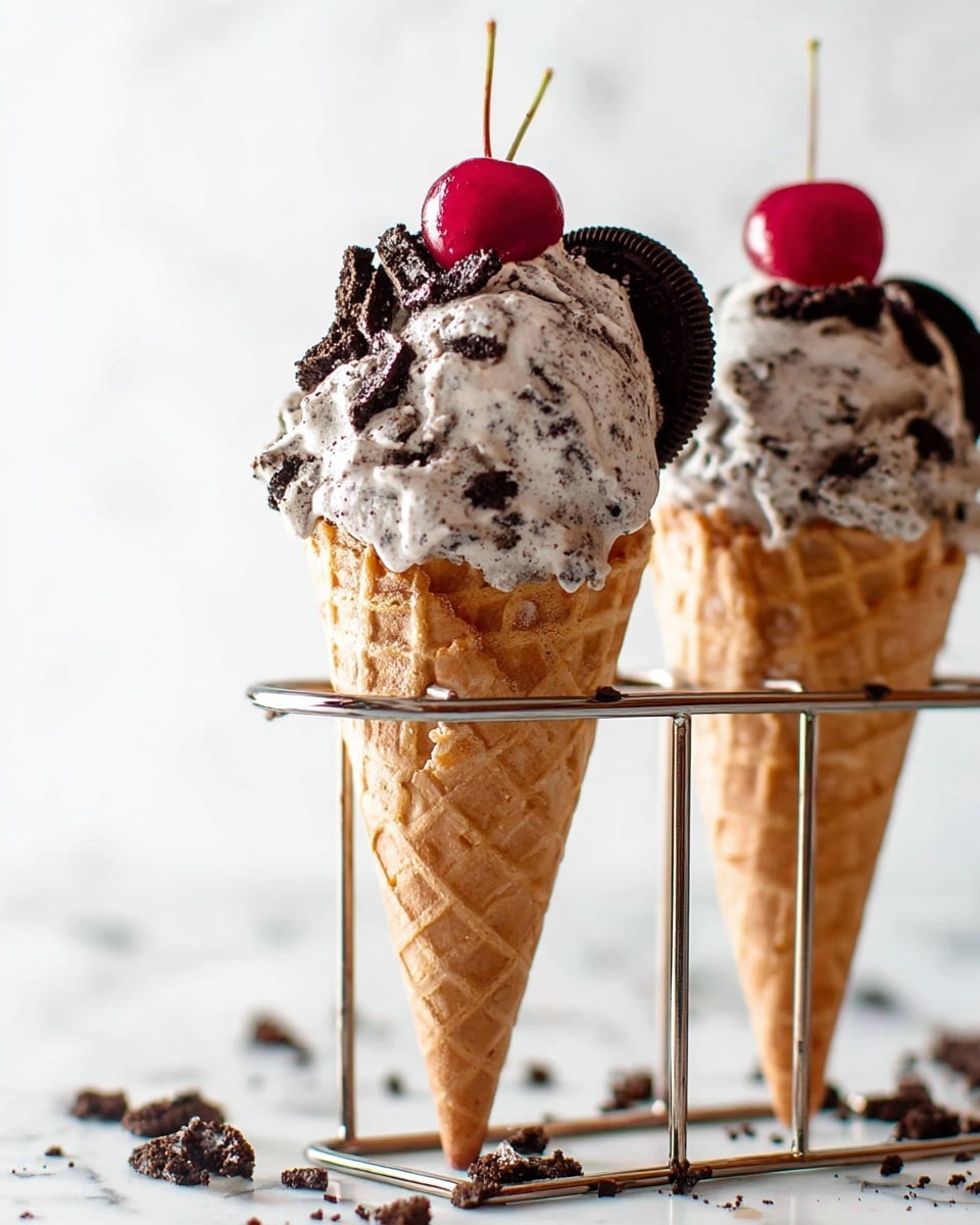 Two ice cream cones with a light brown waffle texture are held upright in a thin metal rack. Each cone has one scoop of cookies and cream ice cream, which is light gray with black cookie bits mixed in. On top of the ice cream, there are broken pieces of dark chocolate sandwich cookies and a bright red cherry with a green stem. Small cookie crumbs are scattered around the base of the rack on a white marbled surface. The photo taken with an iphone --ar 4:5 --v 7