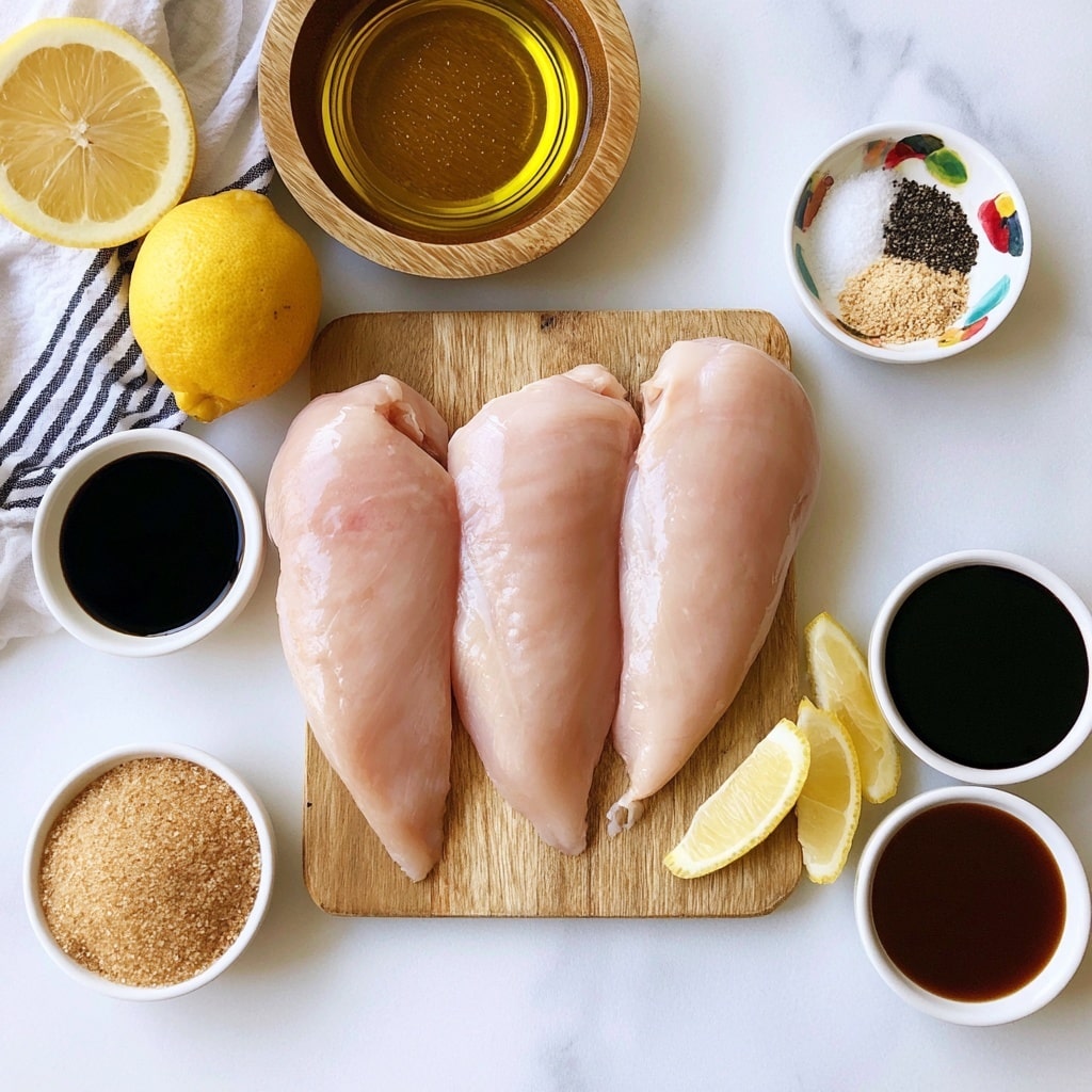 The image shows three raw pale pink chicken breasts placed side by side on a small rectangular wooden board in the center. To the top right of the board, there is a small white bowl with a colorful design holding three spices: white salt, black pepper, and light brown garlic powder. To the top center, a round wooden bowl filled with golden extra-virgin oil is visible. To the left of the bowl, a halved lemon with bright yellow skin and pale yellow inside sits beside a whole lemon of the same color, placed near a folded white and black striped cloth. A small white bowl containing dark soy sauce is near the lemons. At the bottom right of the chicken, three lemon wedges are placed next to two small white bowls, one filled with dark balsamic vinegar and the other containing dark brown Worcestershire sauce. Finally, a small white bowl at the bottom left holds light brown granulated brown sugar. The surface beneath everything is white with a soft marbled texture. photo taken with an iphone --ar 4:5 --v 7