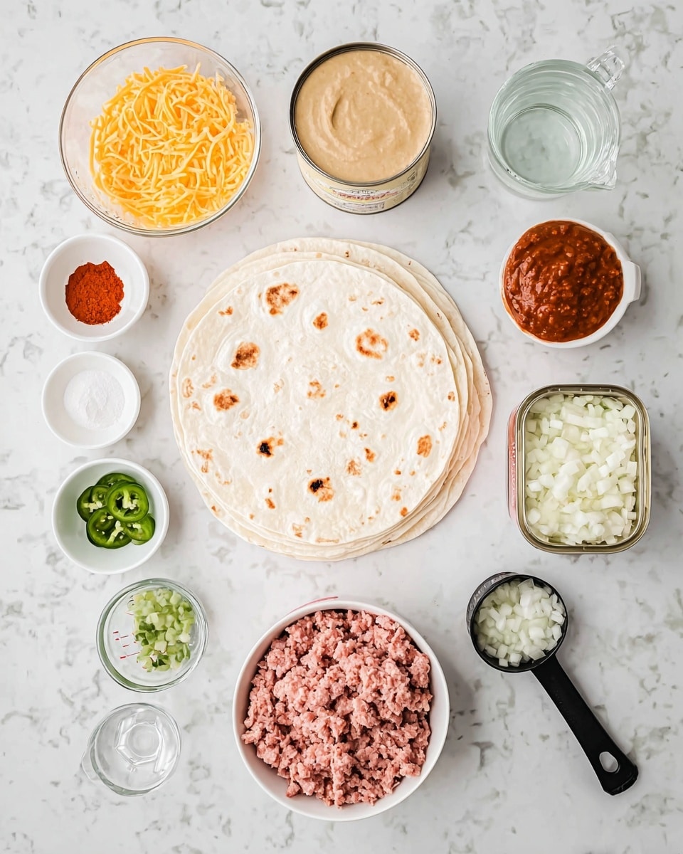 A top-down view of cooking ingredients laid out on a white marbled surface, centered around a stack of white flour tortillas showing light brown spots. To the right of the tortillas are a can of refried beans with a beige texture, a small white bowl with a reddish paste, and two white bowls with light yellow and red spices. Above the tortillas is a clear container of orange shredded cheese and a clear measuring cup with water. On the left side, there are small green bowls with white powder and salt, a small white bowl with chopped green peppers, and a small glass measuring cup with liquid. At the bottom, there is a large white bowl filled with pale pink ground meat mixed with white pieces, next to a black measuring spoon holding chopped white onions. Photo taken with an iphone --ar 4:5 --v 7