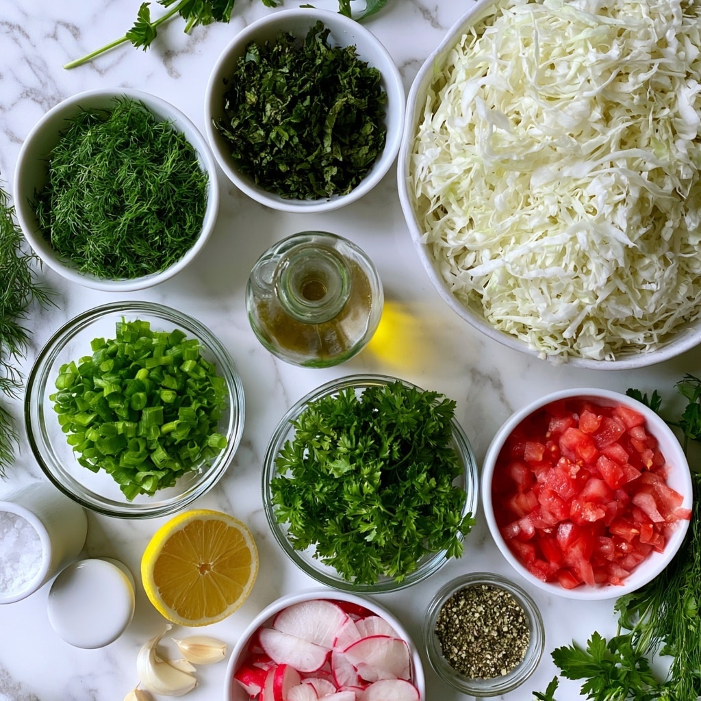 The image shows various fresh ingredients arranged on a white marbled surface. In the center are two small white bowls, one filled with bright green dill and the other with dark green chopped mint. Below these, a clear glass bowl holds bright green chopped green onions. To the right, a large white bowl is filled with shredded white cabbage, and nearby is a clear glass bottle of olive oil with a golden color. Below the olive oil, a white bowl contains chopped red tomatoes. Near the bottom center, another clear glass bowl holds bright green parsley. To the bottom left, a small white container of salt and a small white bowl are visible, accompanied by a halved yellow lemon and two peeled garlic cloves. At the bottom, a small white bowl contains sliced radishes with white and red skin. A small clear bowl with za'atar spice shows a textured mix of green and brown. Around the edges, green sprigs and leaves are placed to add freshness. Photo taken with an iphone --ar 4:5 --v 7