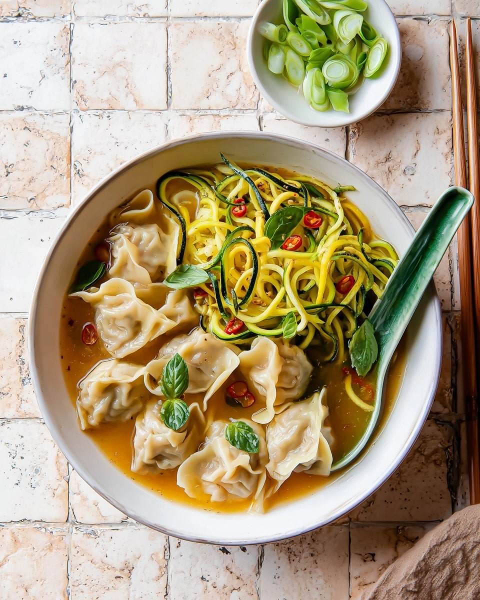 A white bowl filled with a warm light brown broth, holding pale, thin wonton dumplings arranged along the right side with small green leaves on top, and bright yellow noodles mixed with light green zucchini noodles piled on the left, garnished with sliced red chili and green onion pieces, with a green spoon placed inside the bowl on the right side, all resting on a white marbled textured tile surface, with a small white bowl of sliced green onions nearby and a pair of brown chopsticks at the top right, photo taken with an iphone --ar 4:5 --v 7
