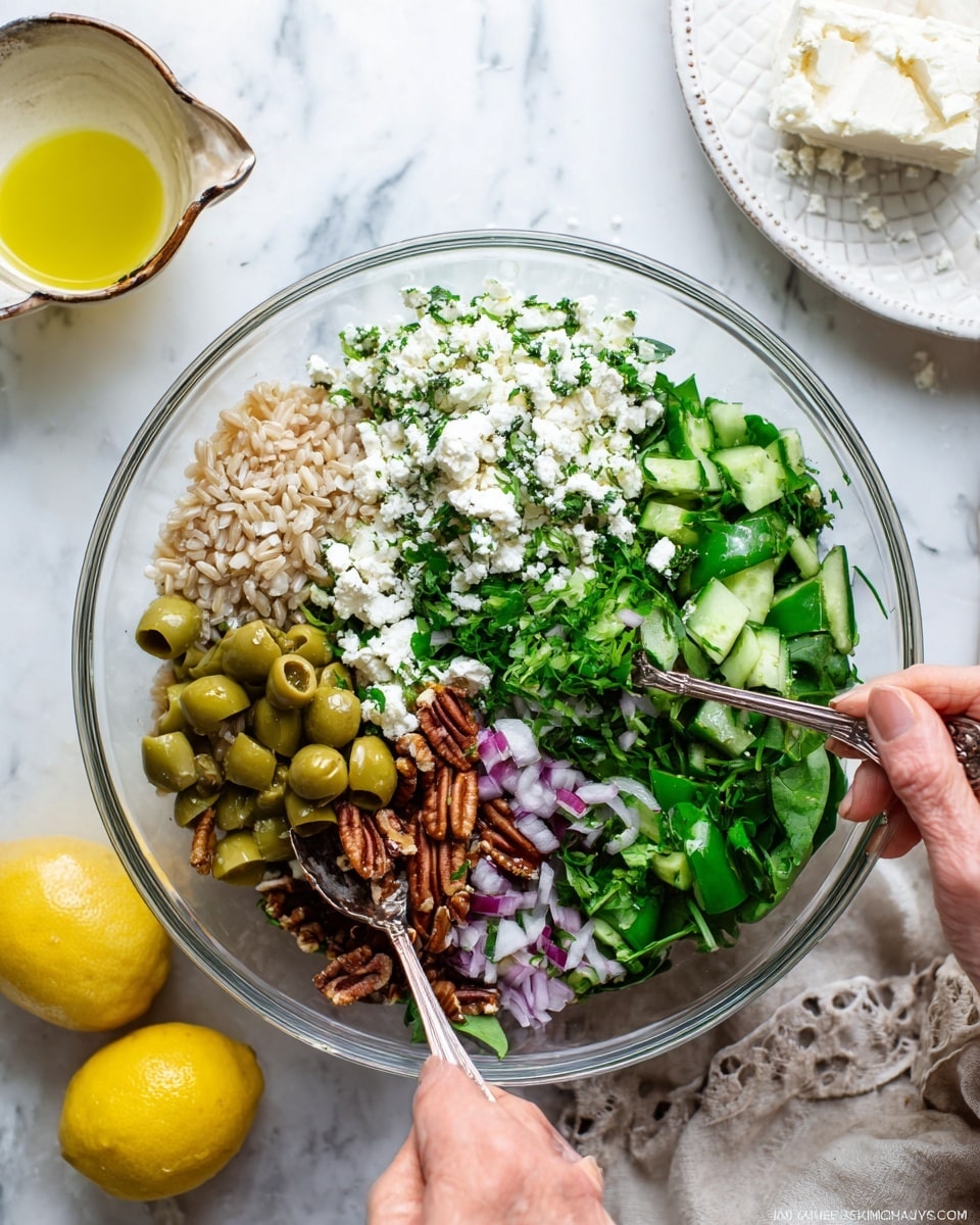 A clear glass bowl contains several layers of fresh salad ingredients. Starting from the top left section, there are light brown grains, next to it is a thick layer of white cheese crumbles mixed with finely chopped green herbs. Below, vibrant green chopped spinach leaves fill the right side while chopped cucumbers and pecans sit in the center. The bottom left shows sliced green olives and more white cheese crumbles mixed with chopped red onions visible near the edges. Two woman's hands each hold a silver spoon, mixing the ingredients together over a white marbled surface. Nearby, halved yellow lemons and a white plate holding a block of white cheese add a fresh touch, along with a small cup of olive oil. photo taken with an iphone --ar 4:5 --v 7