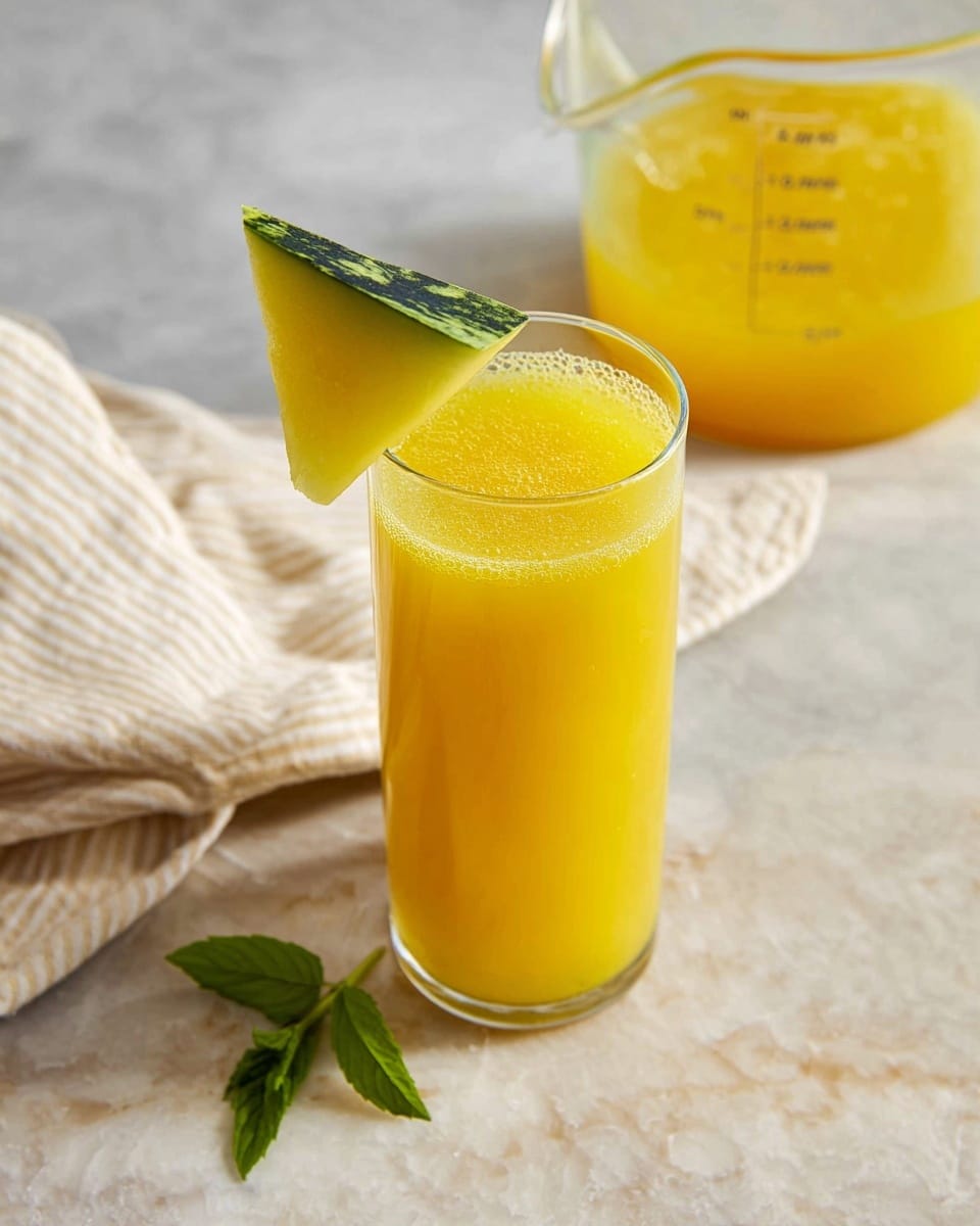 A tall clear glass filled with bright yellow-orange juice with a smooth texture, garnished with a triangular slice of green and dark green watermelon rind on the rim. Behind it, a clear glass measuring cup contains more of the same juice, placed on a white marbled surface with a white and light gray striped cloth casually draped next to it. In the foreground, a couple of fresh green mint leaves are placed on the marbled surface, adding a touch of natural green color. photo taken with an iphone --ar 4:5 --v 7