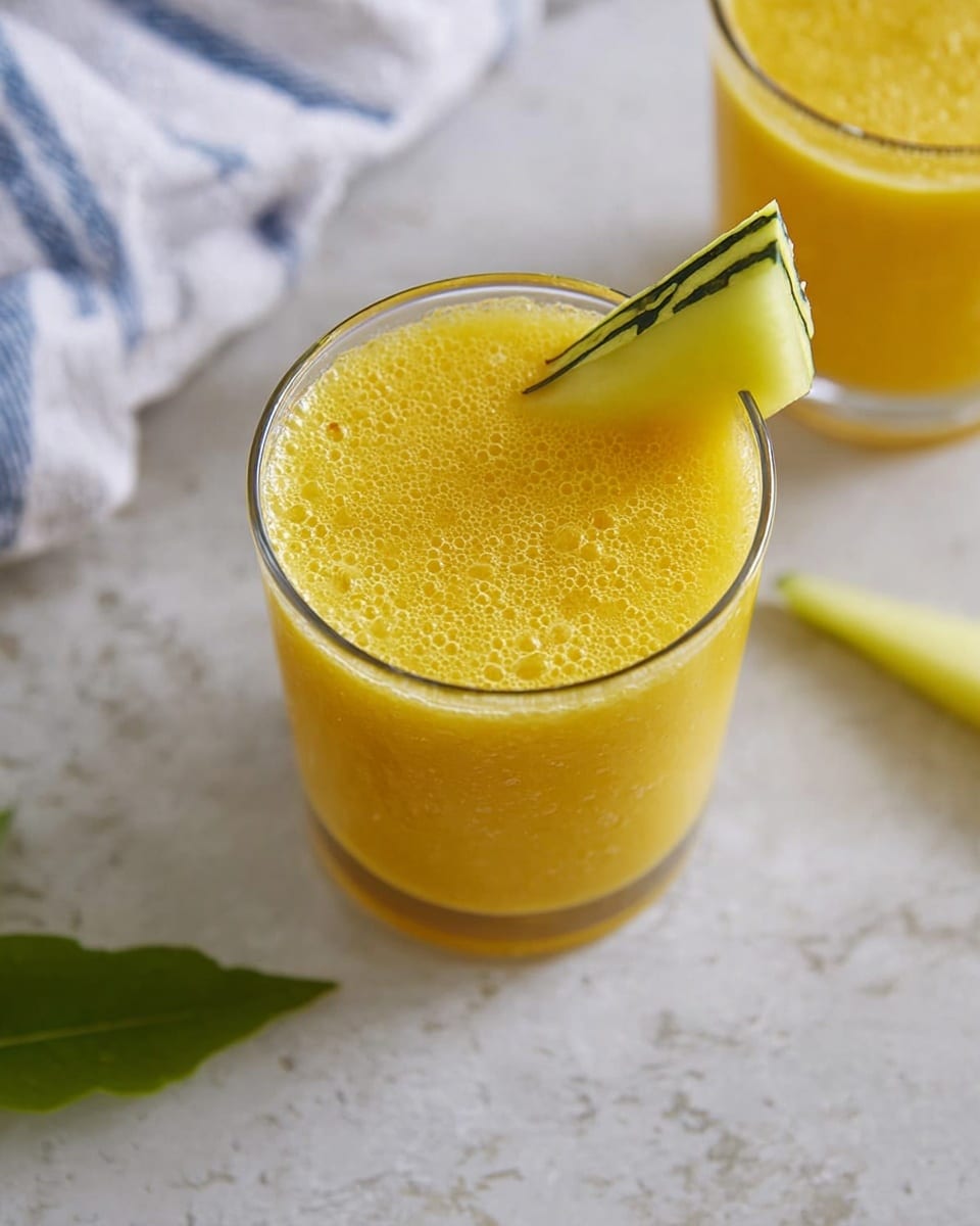 A clear glass filled with a bright yellow-orange smoothie that has a smooth texture and tiny bubbles on the surface, topped by a wedge of yellow and green-striped melon placed on the rim. The glass is set on a white marbled surface with a green leaf lying nearby and part of a white cloth with blue stripes visible in the top left corner. Another similar glass with the same drink is partly visible in the top right area of the image, photo taken with an iphone --ar 4:5 --v 7