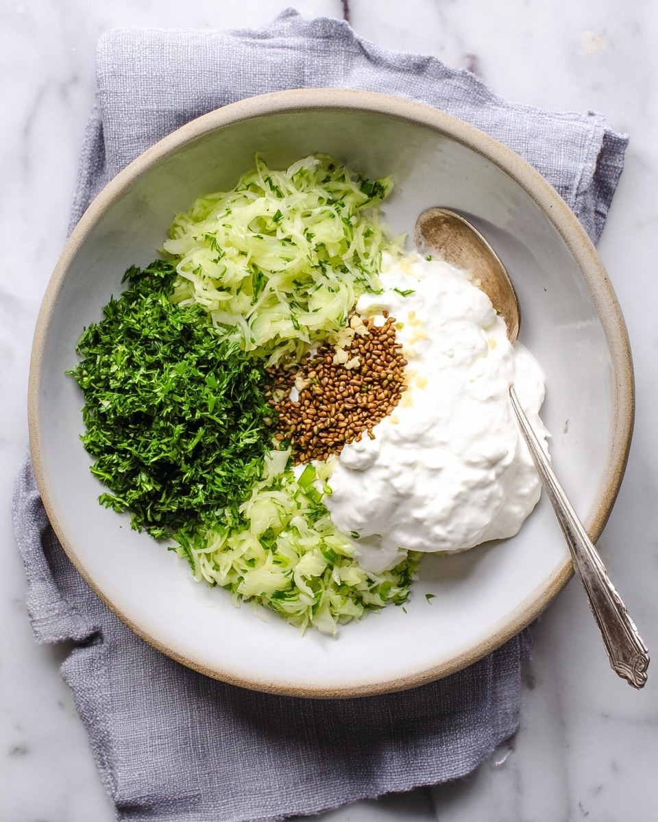 A white bowl sits on a light gray cloth on a white marbled surface. Inside the bowl are four distinct layers: a large mound of thick white yogurt on the right side, finely chopped green herbs on the upper left, light green shredded cucumber at the bottom left, and a small pile of brown cumin seeds above the yogurt near the top center. There is also a small amount of finely minced garlic on the yogurt near the center. A spoon lies next to the bowl on the right side. Photo taken with an iphone --ar 4:5 --v 7