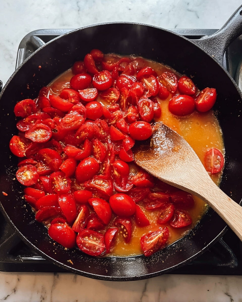 A black cast iron pan filled with bright red cherry tomatoes that are cut into halves and quarters, simmering in a light orange liquid with a bit of steam rising. A light wooden spoon rests on the tomatoes, slightly soaking in the sauce, positioned on the right side of the pan. The pan sits on a stove against a white marbled surface. photo taken with an iphone --ar 4:5 --v 7
