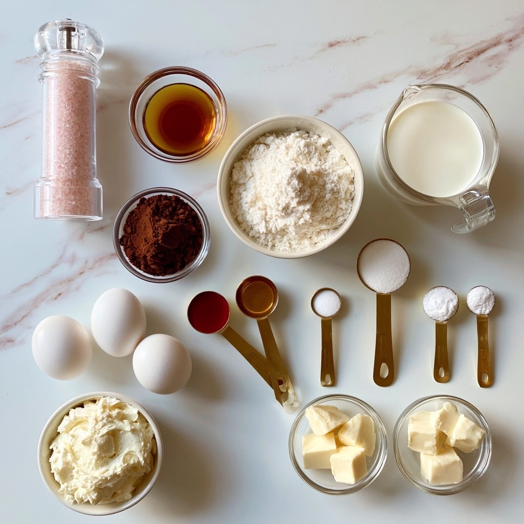 The image shows a flat lay of 16 ingredients arranged neatly on a white marbled surface. Starting from the top left, there is a tall clear grinder filled with pink salt. To its right, a small clear bowl holds a golden-brown vanilla extract. Below is a medium white bowl with white coconut flour, and beside it to the right, a clear measuring cup contains white heavy cream. On the bottom left, three white eggs lie close together. Above them, a small clear bowl is filled with dark brown cocoa powder. Next to the eggs, there are two gold measuring spoons with red food coloring and brown vanilla extract inside. To the right, a gold tablespoon holds white sweetener, followed by a tablespoon with white baking powder and a smaller spoon with white xanthan gum. Below that, two small clear bowls hold cubes of pale butter. On the far left bottom corner, a small white bowl is filled with whipped cream cheese with a soft, textured surface. The whole layout looks clean, organized, and brightly lit, photo taken with an iphone --ar 4:5 --v 7