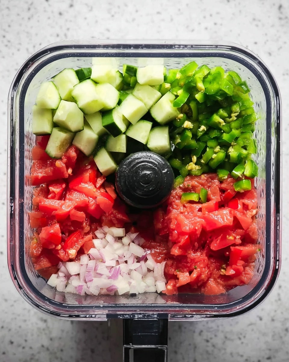 Inside a clear blender jar on a white marbled surface, there are five distinct layers of chopped vegetables. The top left layer has light green cucumber pieces with a smooth, moist texture. Next to it on the top right are bright green chopped jalapeño peppers with a slightly shiny surface. Below the cucumber and peppers are deep red tomato chunks with a fresh, soft look. At the bottom center, finely chopped white onion pieces fill the remaining space, their texture slightly moist and rough. The black blender blade sits centered below all the vegetables. Photo taken with an iphone --ar 4:5 --v 7