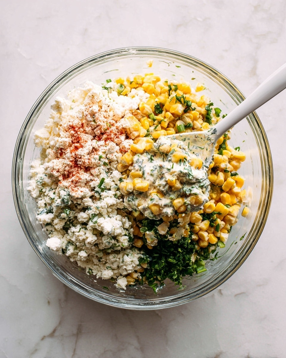 A clear glass bowl sits on a white marbled surface filled with a mix of food layers: on the left is white crumbly cheese with some light reddish powder sprinkled, in the middle there are bright yellow corn kernels, and on the right is finely chopped dark green herbs and scallions. A white spoon is partially inside the bowl, holding some of the mix, showing a creamy white sauce with herbs mixed throughout. The bowl looks fresh and colorful with the different textures and colors visible. Photo taken with an iphone --ar 4:5 --v 7