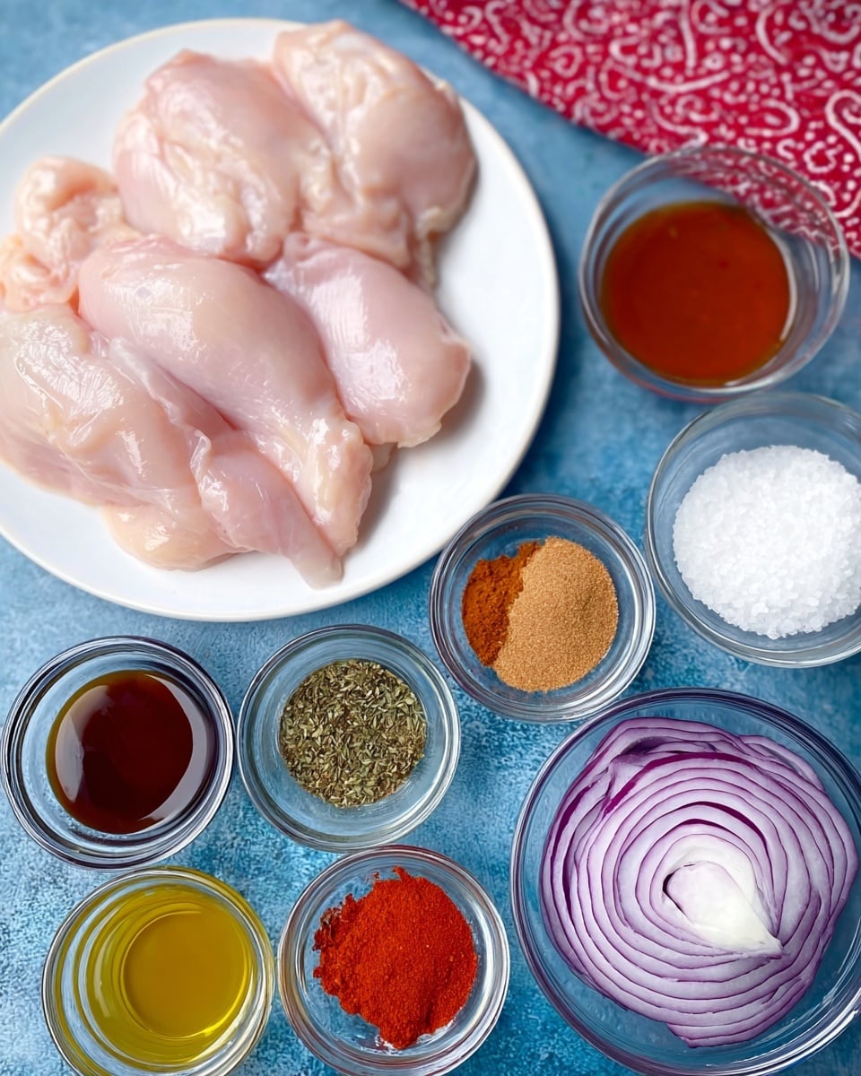 Four raw chicken meat pieces with pale pink smooth texture lie on the left side of a white plate. To the right, several small clear glass bowls hold different spices and liquids arranged on a blue textured surface: green dried herbs, light brown powder, a deep red-orange spice, thick dark brown sauce, clear light yellow liquid, bright red powder, creamy white sauce, thin pale yellow liquid, thin reddish liquid, and sliced purple onions with glossy layers. A small clear glass bowl of white salt is set in the top right corner with a red and white patterned cloth partially visible. Photo taken with an iphone --ar 4:5 --v 7