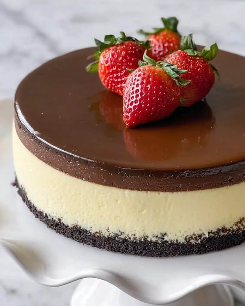 Ganache Topped Cheesecake with Chocolate-Dipped Strawberries Recipe