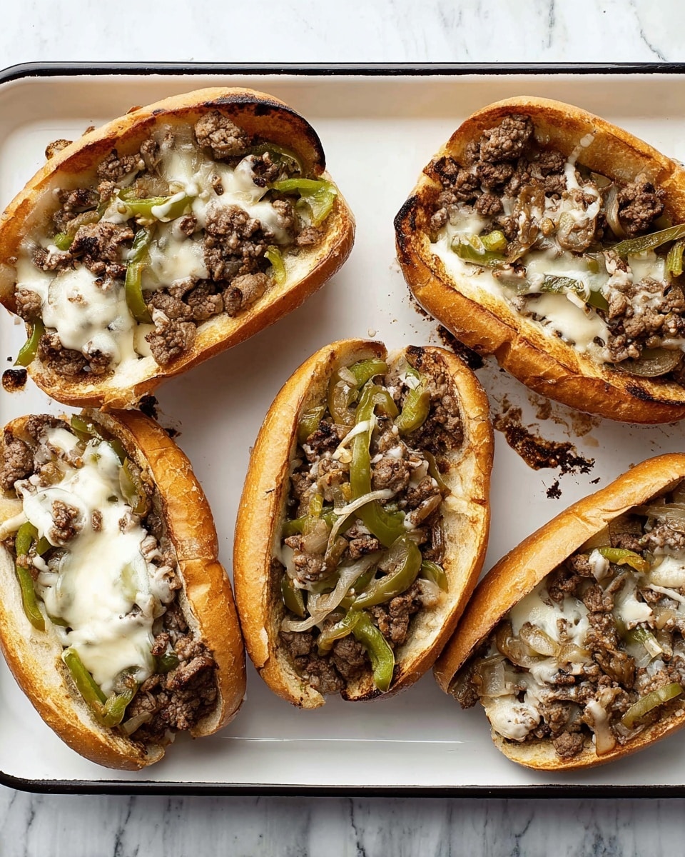 The image shows five toasted sandwich buns arranged on a white tray with black edges, placed on a white marbled surface. Each sandwich has a golden-brown toasted bun filled with multiple layers—the bottom layer is filled with cooked ground beef mixed with sautéed onions and green bell peppers, followed by melted white cheese drizzled unevenly over the top. The fillings show a mix of brown, green, and white colors with a slightly glossy texture from the melted cheese and cooked browned meat. The sandwiches are open-faced and display the filling clearly, some more filled and cheese-covered than others. Photo taken with an iphone --ar 4:5 --v 7