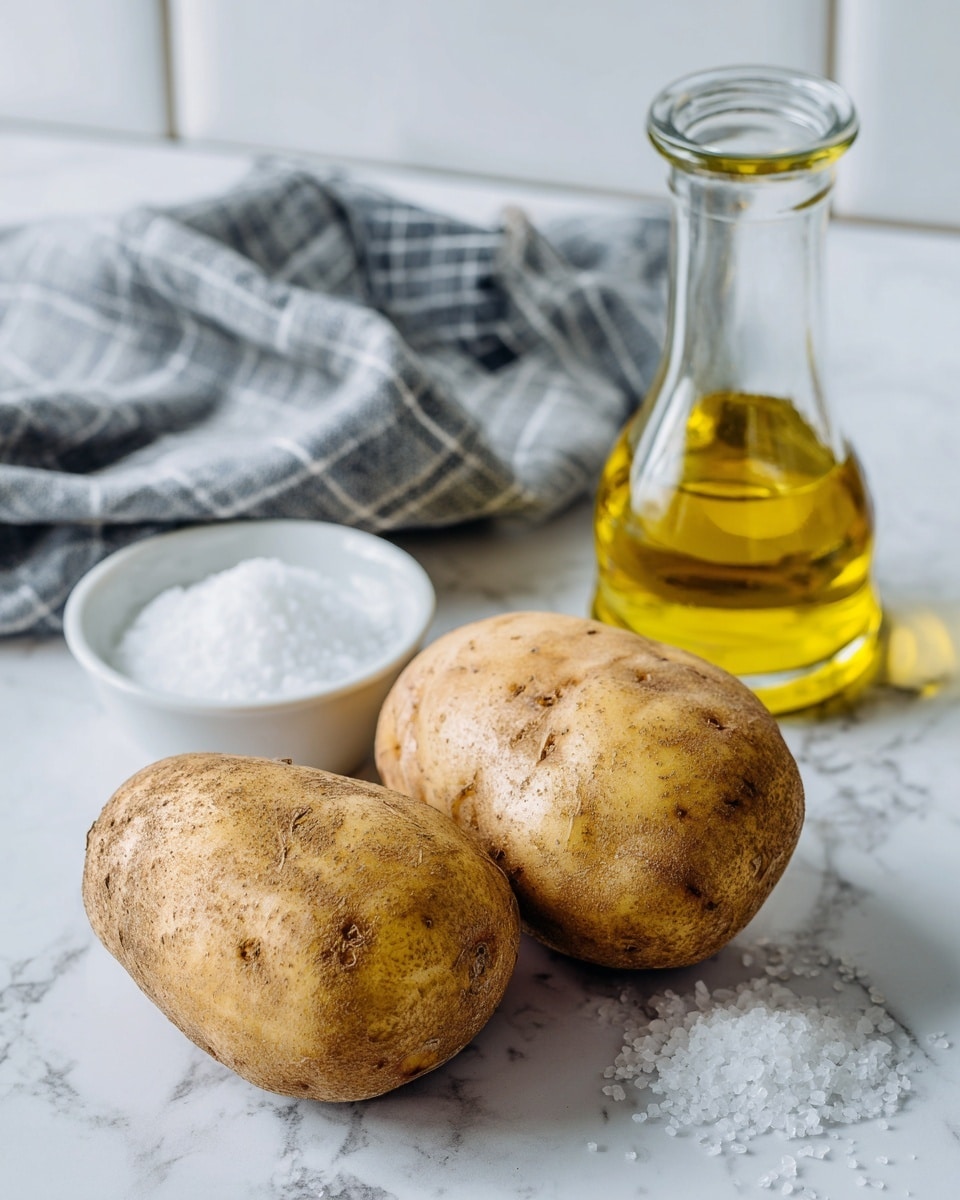 Two brown potatoes with rough skin sit on a white marbled surface, placed near a small white bowl filled with coarse white salt. Behind the potatoes, there is a clear glass bottle filled with golden yellow oil. To the left of the potatoes, a gray and white checkered cloth napkin is casually folded. The background includes part of a white appliance. The scene is clean and bright with natural lighting. photo taken with an iphone --ar 4:5 --v 7