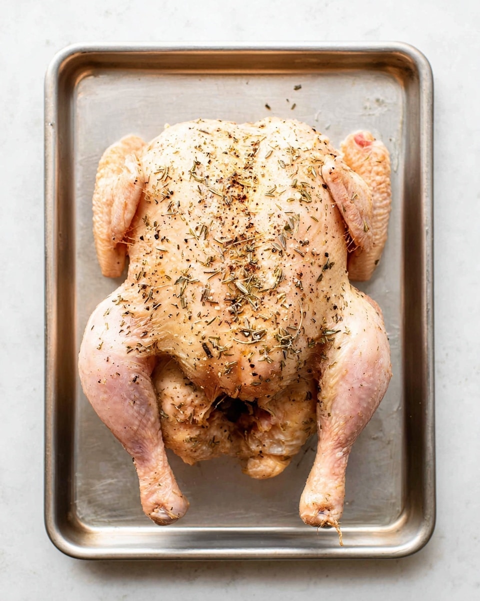 A whole raw chicken is placed flat on a metal baking tray, showing the top side with wings spread to the sides and legs resting down. The chicken skin has a light pale pink color with a mix of dried herbs and black pepper granules scattered evenly across the surface. The metal tray is a simple rectangle with slightly rounded edges, resting on a white marbled texture surface, and the image is captured from above, centered on the chicken. Photo taken with an iphone --ar 4:5 --v 7
