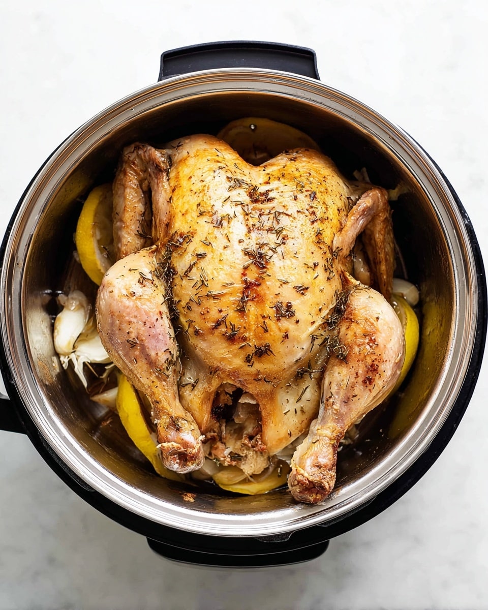 A whole cooked chicken with light golden brown skin and small dark herb seasonings sits inside a shiny silver cooking pot. The chicken is positioned with its legs spread out on either side. Underneath the chicken, there are thin slices of yellow lemon and pieces of white garlic cloves placed in layers. The pot itself is set on a white marbled surface. Photo taken with an iphone --ar 4:5 --v 7
