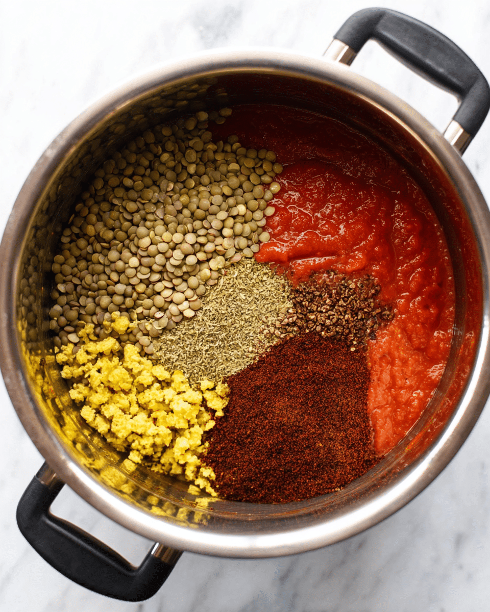 Inside a silver metal pot with a black rim and handles, there are four main layers of ingredients arranged separately. In the bottom right is a vibrant red sauce with a smooth texture. On the top right, there is a pile of dark reddish-brown powder spread evenly. To the left, there are many small, round, pale green lentils forming a large cluster. In the bottom left corner, a group of small yellow chopped pieces with a soft texture are placed. The pot sits on a white marbled surface. photo taken with an iphone --ar 4:5 --v 7