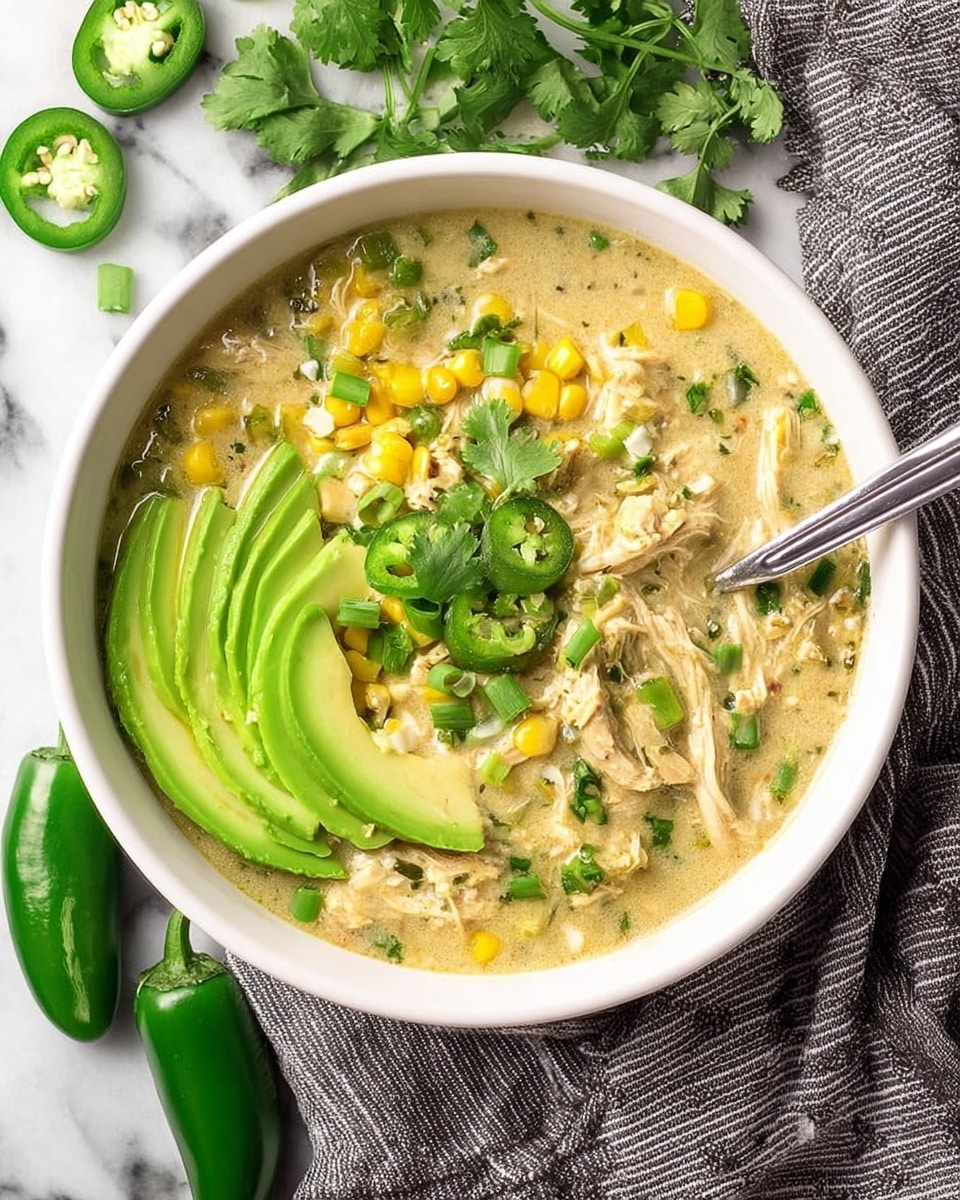 A white bowl filled with light green creamy soup containing shredded chicken pieces, yellow corn kernels, chopped green onions scattered throughout, and small bits of green chili. On the left side of the soup, several thin slices of bright green avocado are layered neatly. A few sprigs of fresh cilantro sit in the center as garnish. A silver spoon is placed inside the bowl on the right side, partially submerged. The bowl rests on a gray striped cloth over a white marbled surface with some whole green chili peppers and cilantro visible around it. Photo taken with an iphone --ar 4:5 --v 7