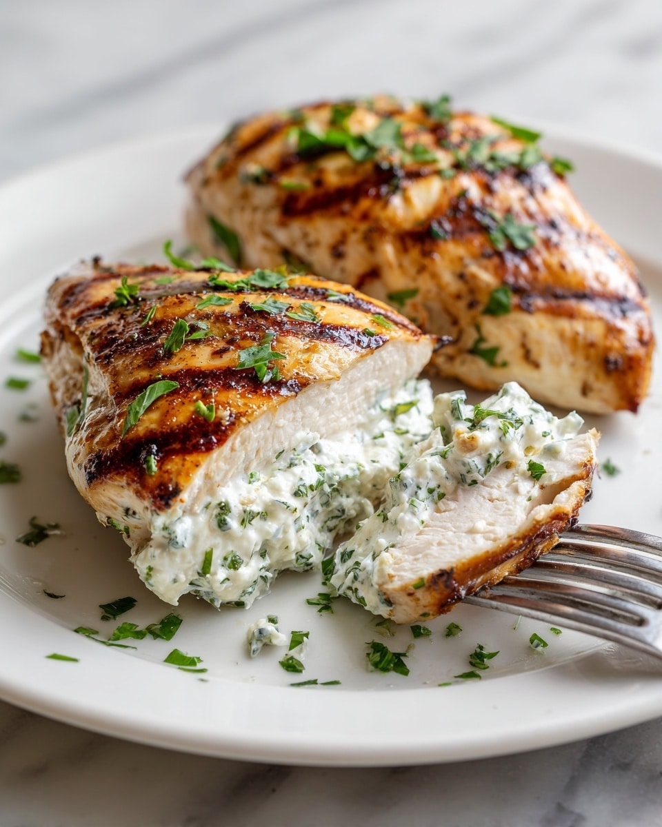 Two chicken pieces are on a white plate with grill marks and light brown color on top. Each piece is cut open to show a thick layer of white creamy filling with green herbs inside. Small green parsley leaves are sprinkled over the chicken and plate. A silver fork is under the lower piece of chicken, lifting it slightly. The plate sits on a white marbled surface. photo taken with an iphone --ar 4:5 --v 7