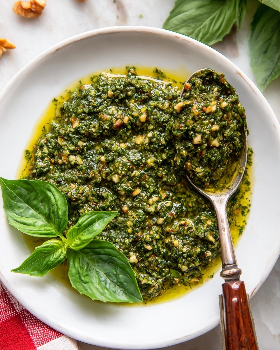 A close-up of a white plate filled with thick, chunky green pesto sauce, showing a mix of small bits of herbs and nuts in an oily, textured base. A silver spoon with a wooden handle is scooping up some pesto from the right side of the plate. On the left side, two fresh green basil leaves rest on the sauce. The plate sits on a white marbled surface, with a small hint of a red and white checkered cloth in the bottom left corner and a few green herbs and nuts partially visible nearby. photo taken with an iphone --ar 4:5 --v 7