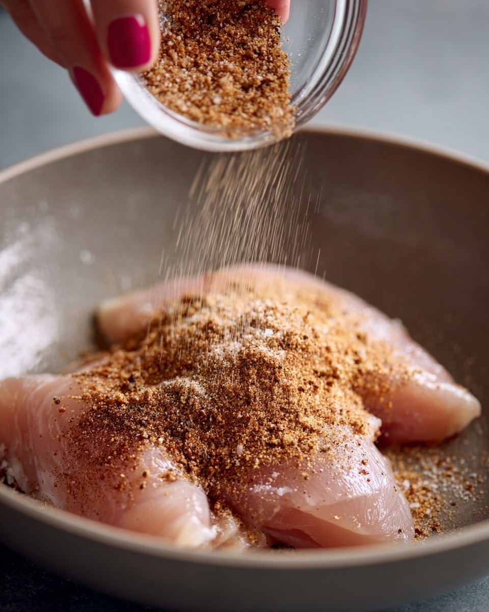 A close-up image shows two pieces of raw chicken meat placed inside a gray cooking pot. There is a mix of dark and light brown spices being sprinkled on the chicken from a small transparent glass bowl held by a woman's hand with red nail polish. The spices create a textured layer over the pale pink chicken, with some falling down in a fine stream from the bowl. The background and pot surface are smooth and simple, keeping focus on the action and ingredients. photo taken with an iphone --ar 4:5 --v 7