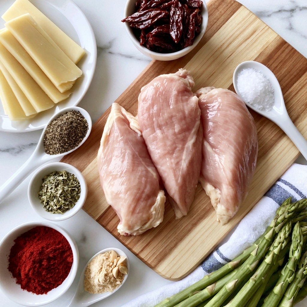The image shows three large pink chicken pieces placed in the center on a rectangular wooden board with a light wood tone. Above the chicken, there is a small white bowl filled with dark red sun-dried tomatoes. To the left, there is a white plate holding several slices of pale yellow cheese, and next to it, a white spoon with brown pepper powder. Below the pepper, a small white bowl contains greenish Italian seasoning. On the right side of the chicken, another white spoon has white salt. At the bottom left, a white bowl holds bright red paprika powder, and next to it, a white spoon has light beige garlic powder. At the bottom right, a bundle of fresh green asparagus rests on a white and blue striped cloth. All items are arranged on a white marbled surface. Photo taken with an iphone --ar 4:5 --v 7