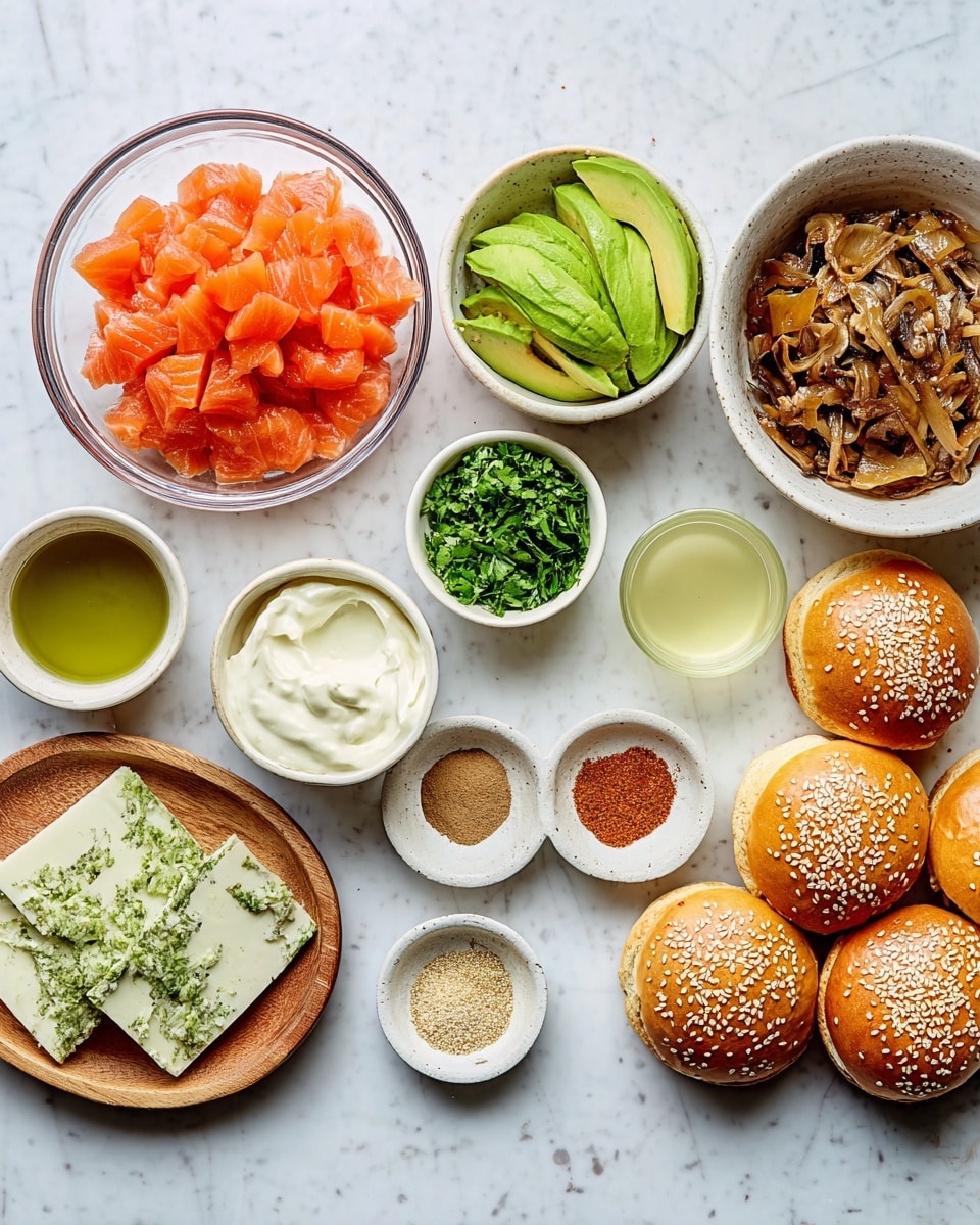 A variety of ingredients are arranged on a white marbled surface. On the left, a clear glass bowl holds bright orange chunks of raw salmon. Below it, a small wooden bowl contains sliced green avocado. Next to the avocado, there is a small white bowl filled with creamy white sauce, and to the right of that, a small white bowl with finely chopped green herbs. Above the herbs, a medium white bowl contains brown cooked onions or mushrooms. To the right of this bowl, a small clear glass with pale yellow liquid stands next to a small plate holding three piles of dry spices in light beige, beige, and reddish-brown colors. Below the spices, a tiny white bowl contains green oil or dressing. Moving to the right, a small white plate has two slices of white cheese with herbs inside. Finally, in the top right corner, five golden brown sesame seed buns are grouped together. Photo taken with an iphone --ar 4:5 --v 7