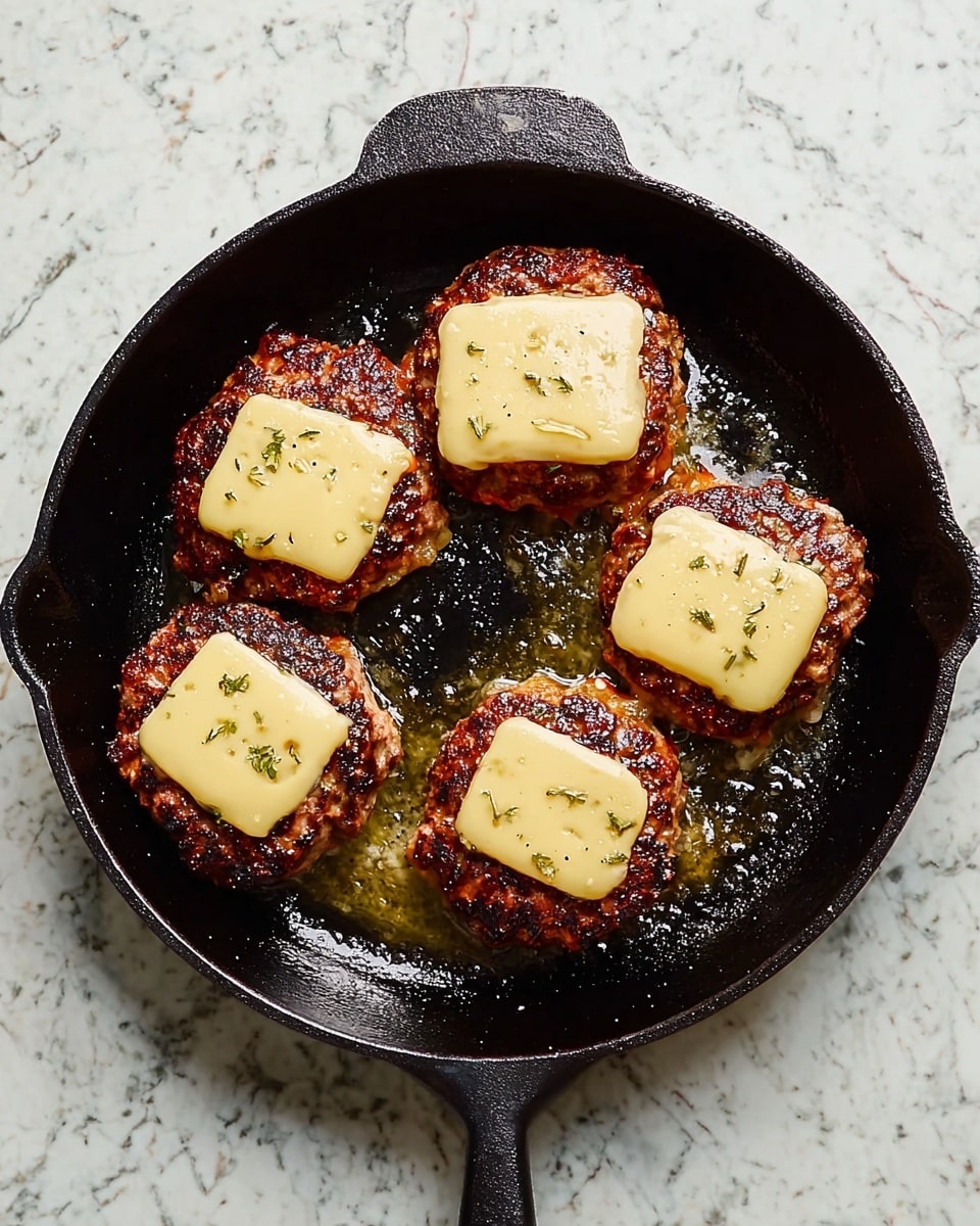 A black cast iron pan sits on a white marbled surface, holding four cooked burger patties. Each patty is thick and browned, topped with a square slice of melted pale yellow cheese that has a soft texture and slight herbs sprinkled on top. The patties are arranged in a rough square shape inside the pan, with some oil glistening around them. The skillet's handle extends to the left with a hole at its end, and the pan has a sturdy handle on the right side. Photo taken with an iphone --ar 4:5 --v 7