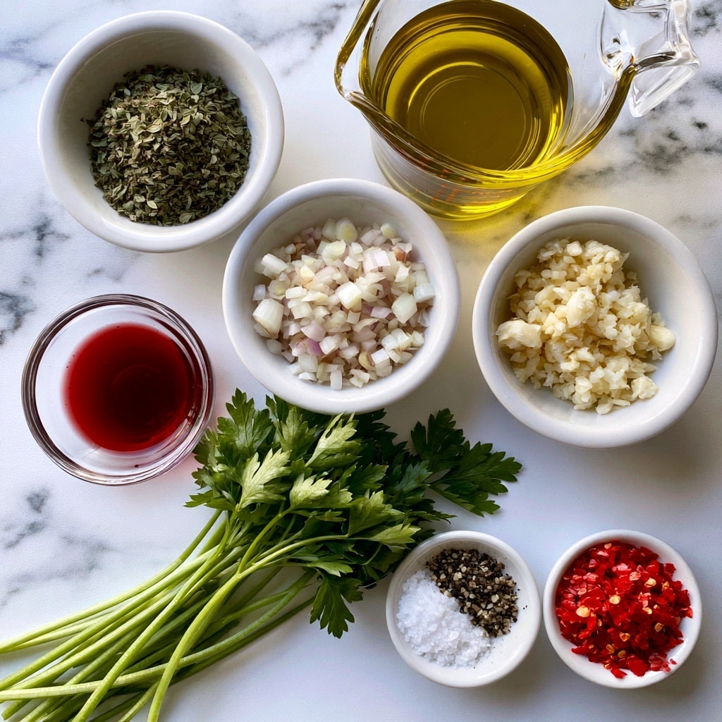The image shows several white bowls and a measuring cup arranged on a white marbled surface, each containing different ingredients. At the top left is a white bowl with dried oregano, next to it on the right is a clear measuring cup filled with golden extra virgin olive oil. Below the oregano is a white bowl with finely chopped shallot, and to the right of it, a white bowl with minced garlic. Below the olive oil is a small clear bowl with red wine vinegar that has a deep red color. In the center bottom-left, there is a bunch of fresh green parsley with long stems. To the right of the parsley are two small white bowls, one with white salt and black pepper and the other with bright red chopped red chile pepper or red pepper flakes. The setup is clean and neatly organized on the white marbled surface. photo taken with an iphone --ar 4:5 --v 7