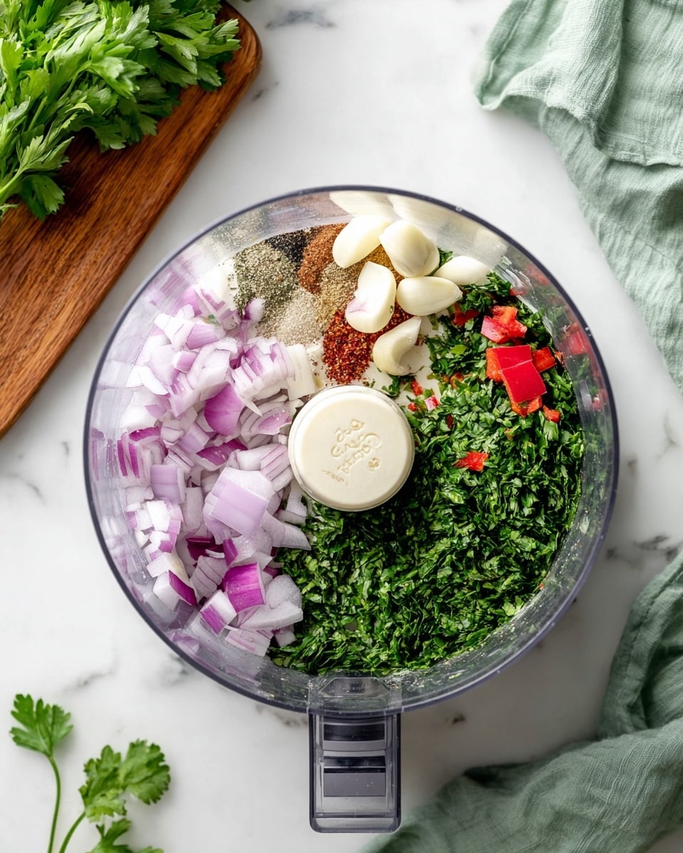 A clear food processor bowl is filled with neatly arranged layers of fresh ingredients: bright light purple onion chunks at the bottom left, small white garlic cloves next to them, and a large pile of finely chopped dark green parsley covering the right side, with a few red bell pepper pieces and a small heap of mixed spices including salt and black pepper on the upper left side. The bowl sits on a white marbled surface with a wooden board holding fresh parsley leaves in the top left corner and a light green cloth on the upper right. Photo taken with an iphone --ar 4:5 --v 7
