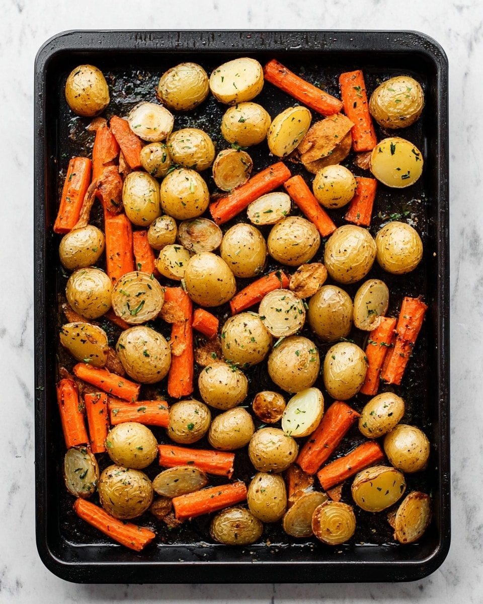 A black rectangular baking tray filled with a single layer of roasted small round potatoes and chunky carrot pieces, both lightly browned and seasoned with herbs, spread evenly across the tray. The potatoes are mostly whole with some sliced in half, showing their pale yellow interiors, while the carrots are cut into thick short sticks with a bright orange color. The tray sits on a white marbled surface, with some oil glistening on the vegetables, highlighting their roasted texture. photo taken with an iphone --ar 4:5 --v 7