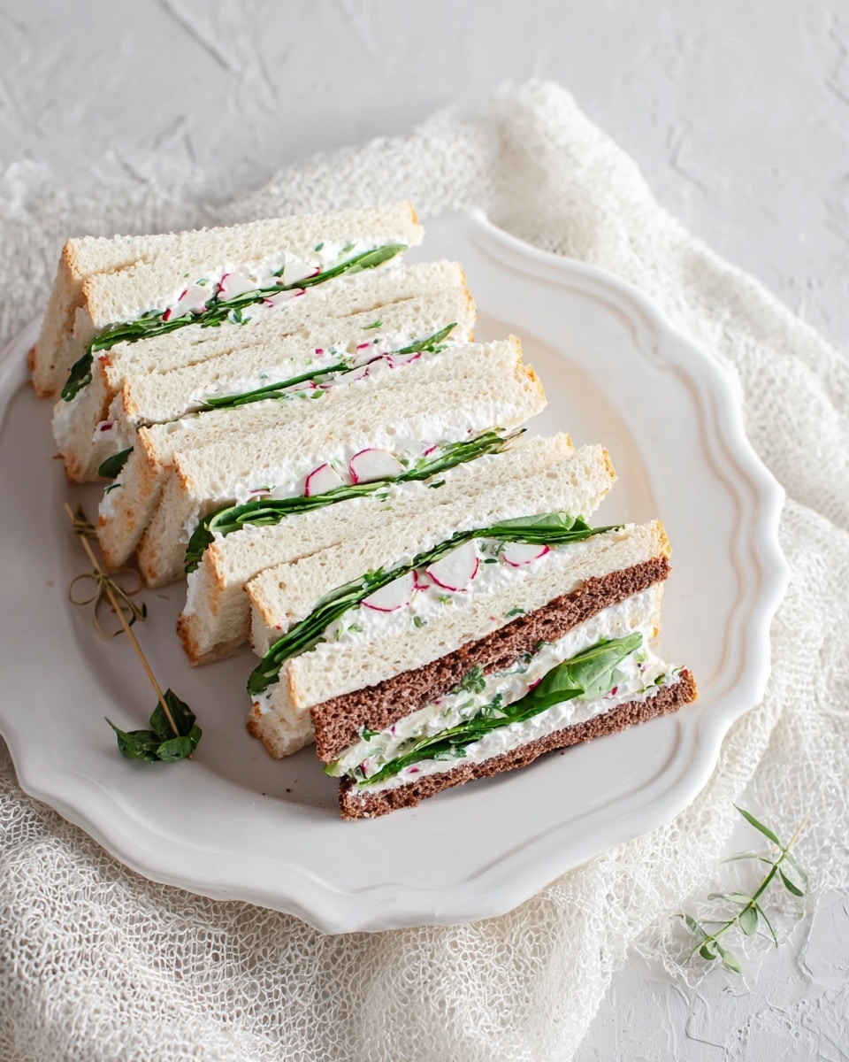 This is a plate with six sandwich triangles stacked closely in two groups, each sandwich has three layers of bread and two layers of filling. The top group uses soft white bread with a light texture, and the inside layers show green leaves and thin slices of radish with white creamy spread. The bottom group uses dark brown bread with the same filling of green leaves, radish slices, and white creamy spread. The sandwiches are neatly placed on a white plate with a scalloped edge, resting on a white marbled textured surface covered partially by a textured white cloth. There is a toothpick with a small green decorative knot near the plate on the cloth. photo taken with an iphone --ar 4:5 --v 7
