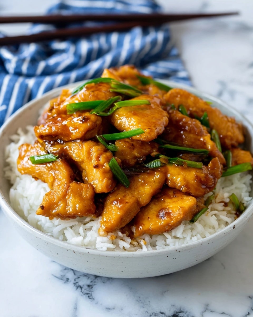 A white bowl filled with a base layer of white cooked rice, topped with a thick layer of golden-brown glazed chicken pieces, coated in a shiny sauce that makes the chicken look moist and sticky. Bright green pieces of cooked scallions are scattered on top and mixed with the chicken, adding a fresh contrast. The bowl is set on a white marbled surface with a blurred blue and white striped cloth and a pair of dark chopsticks in the background, creating a simple and inviting scene. Photo taken with an iphone --ar 4:5 --v 7